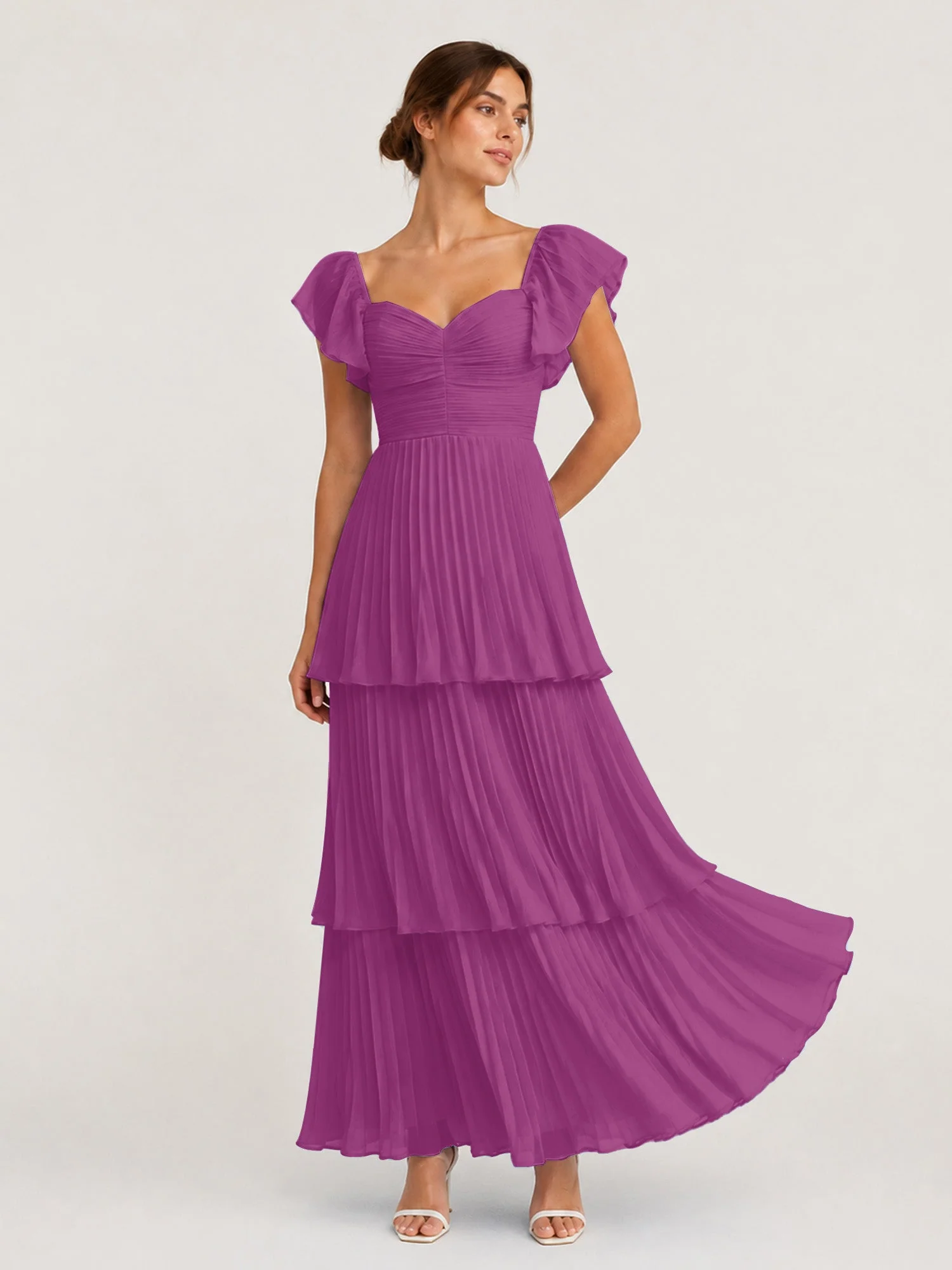 Gestuftes Plissiertes Chiffon Maxikleid mit Flatterärmeln Orchidee