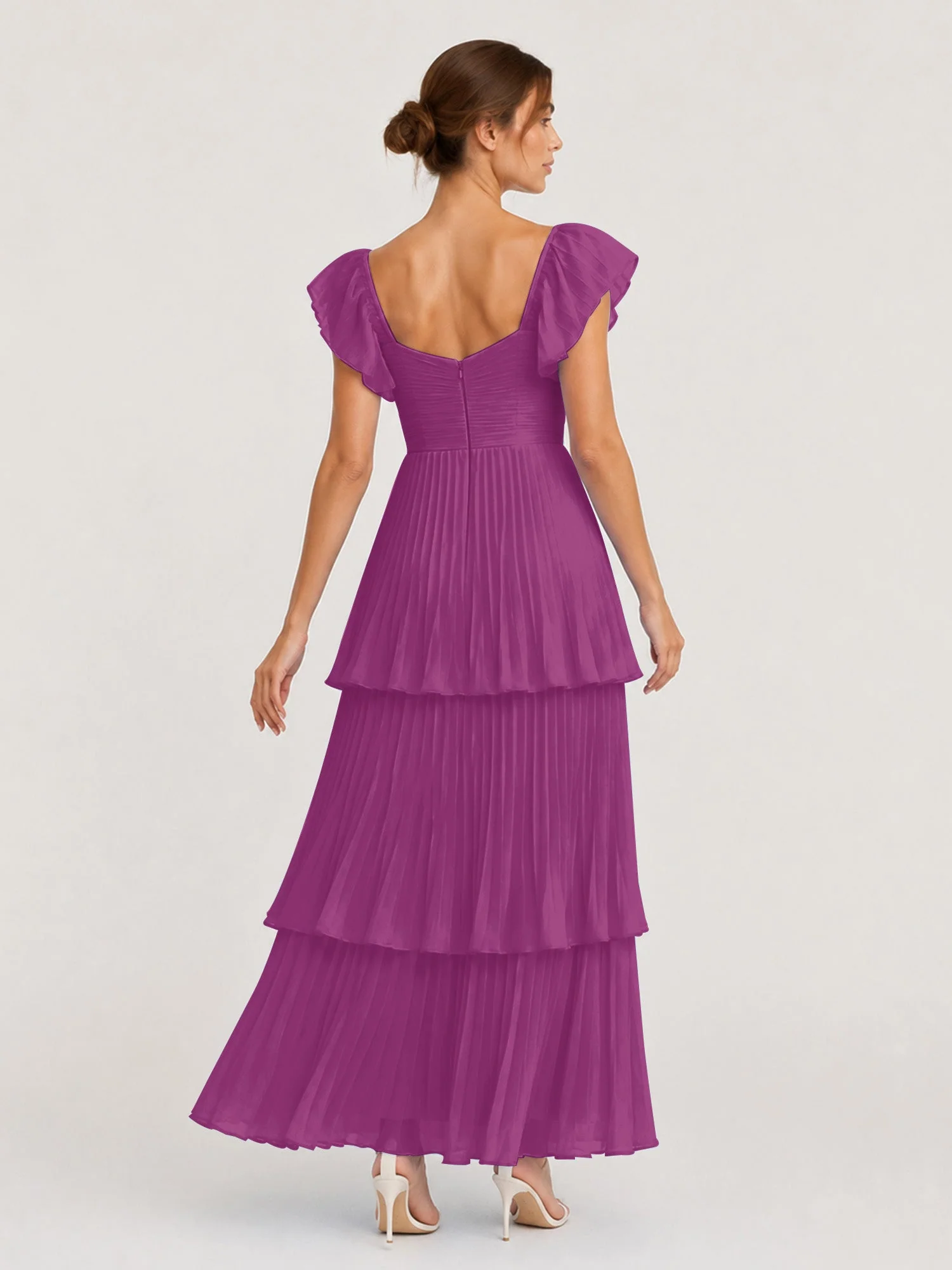 Gestuftes Plissiertes Chiffon Maxikleid mit Flatterärmeln Orchidee - Image 2