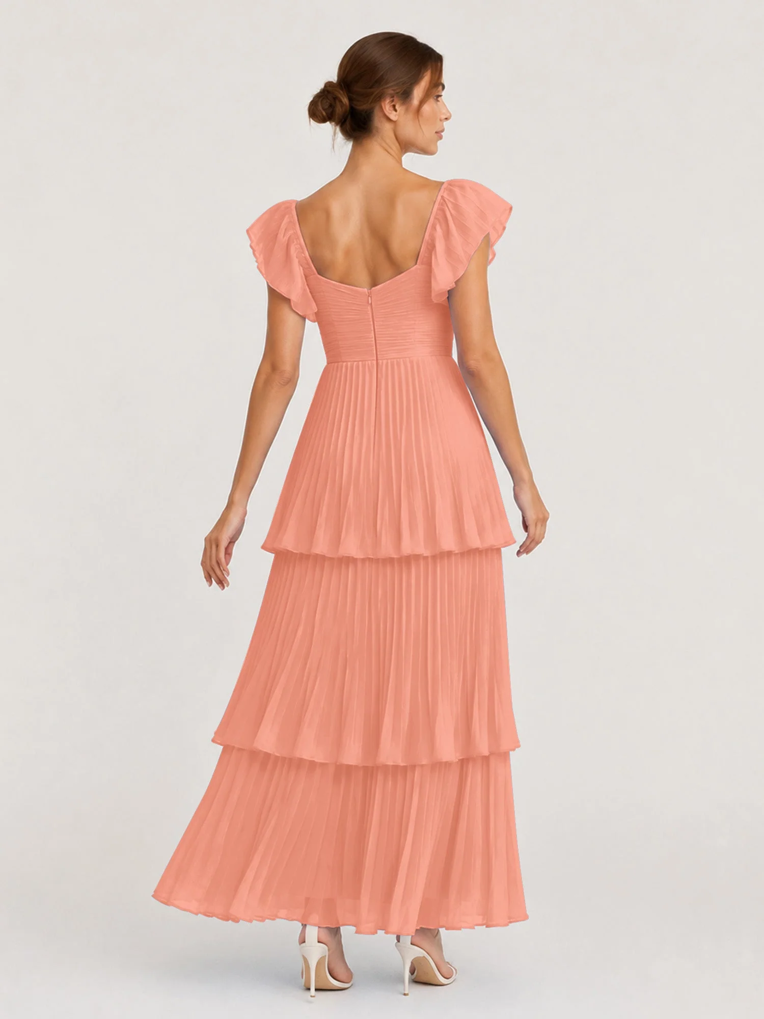 Gestuftes Plissiertes Chiffon Maxikleid mit Flatterärmeln Papaya - Image 2