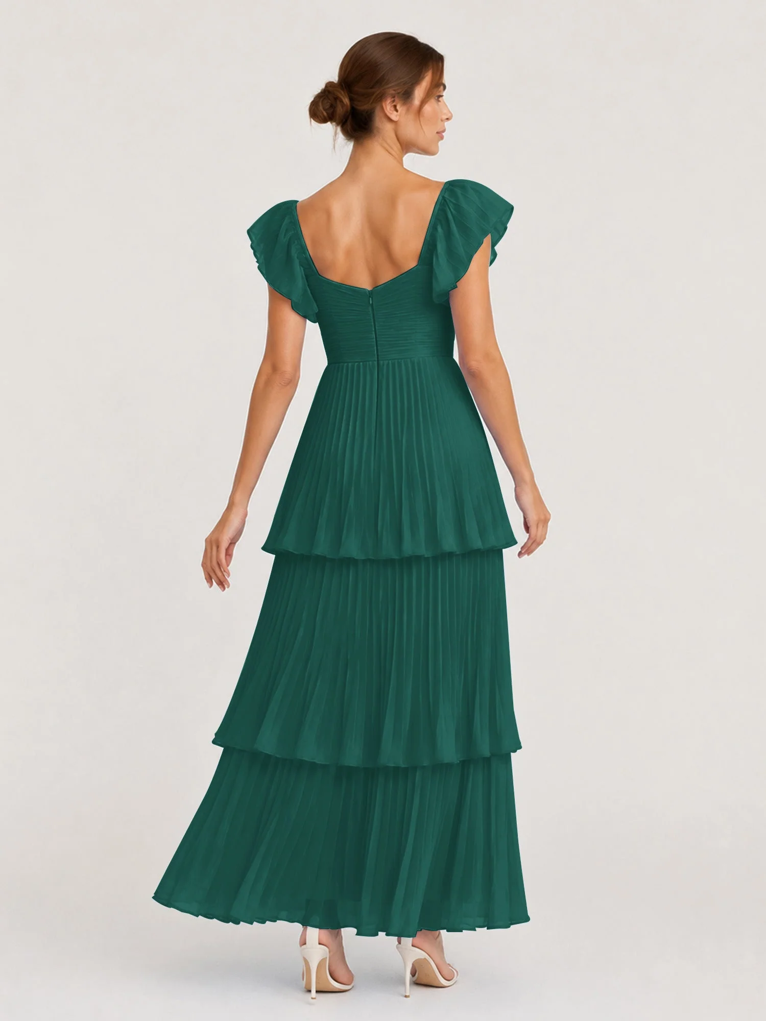 Gestuftes Plissiertes Chiffon Maxikleid mit Flatterärmeln Pfau - Image 2