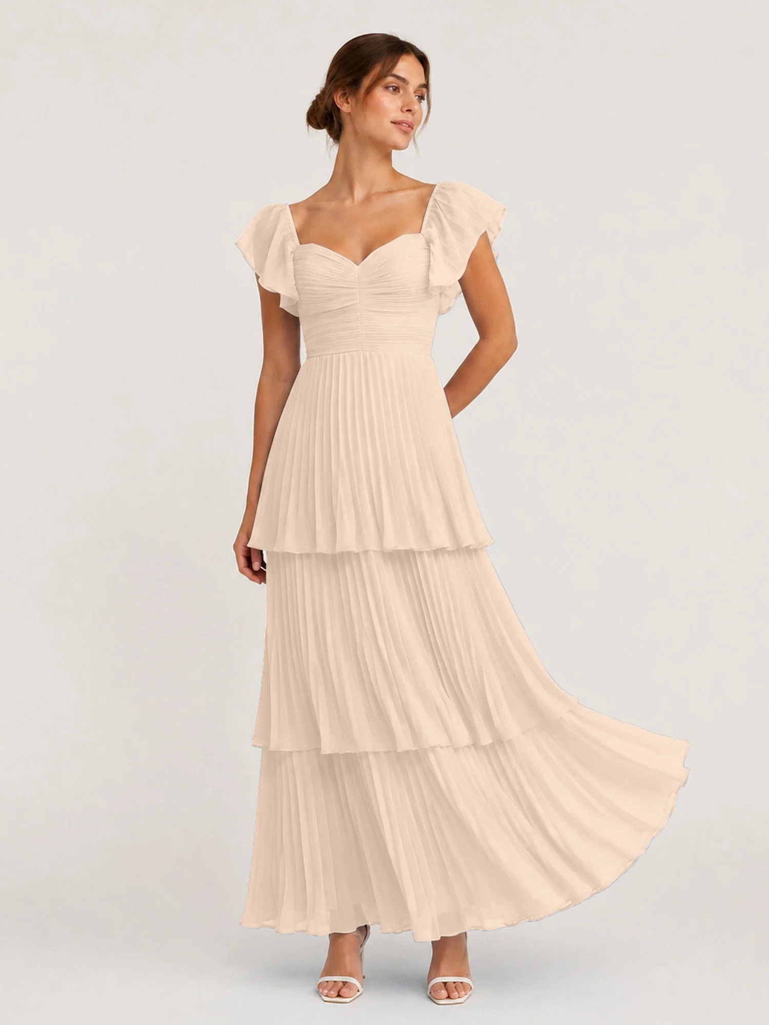 Gestuftes Plissiertes Chiffon Maxikleid mit Flatterärmeln Pfirsich