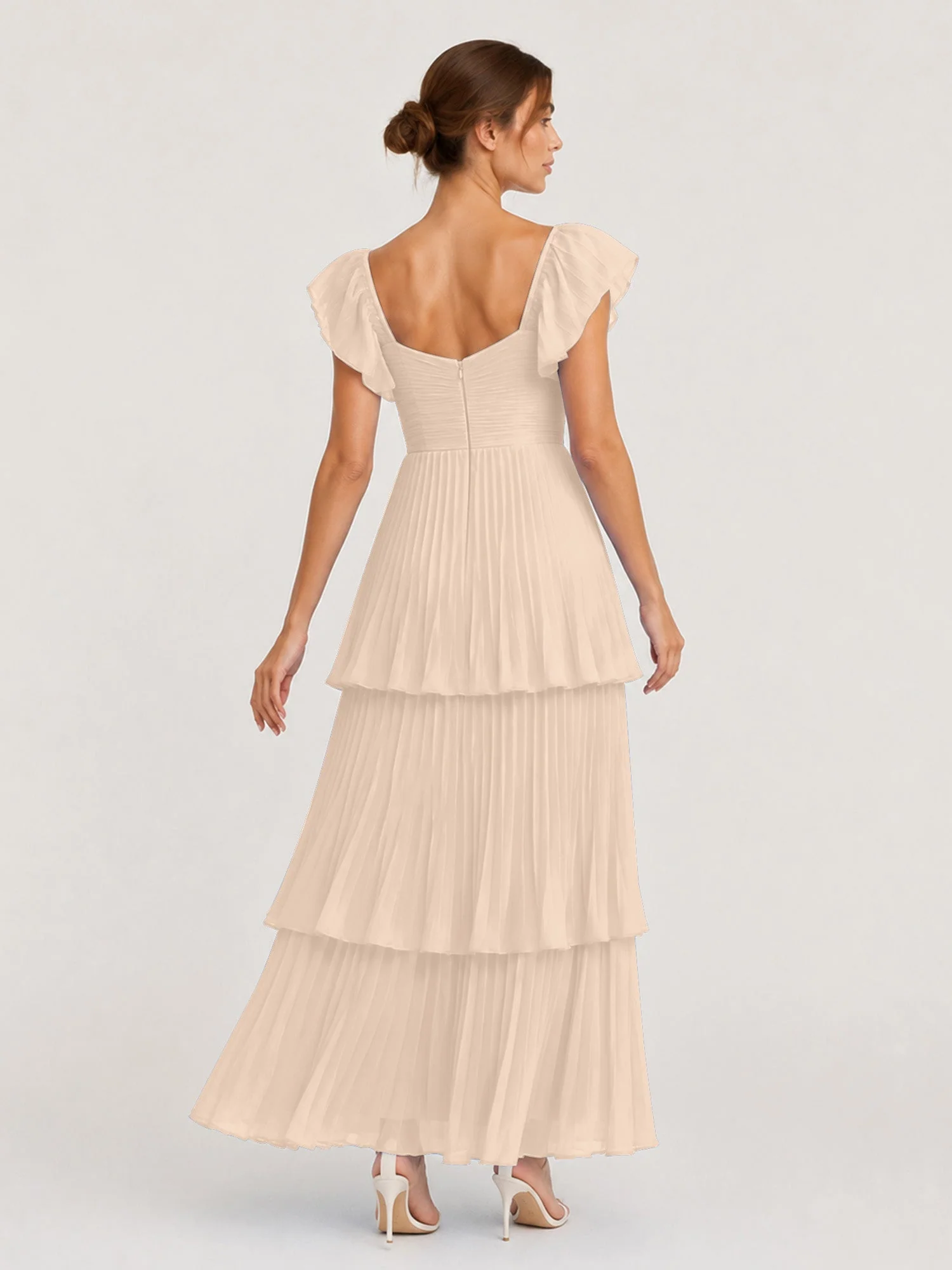 Gestuftes Plissiertes Chiffon Maxikleid mit Flatterärmeln Pfirsich - Image 2