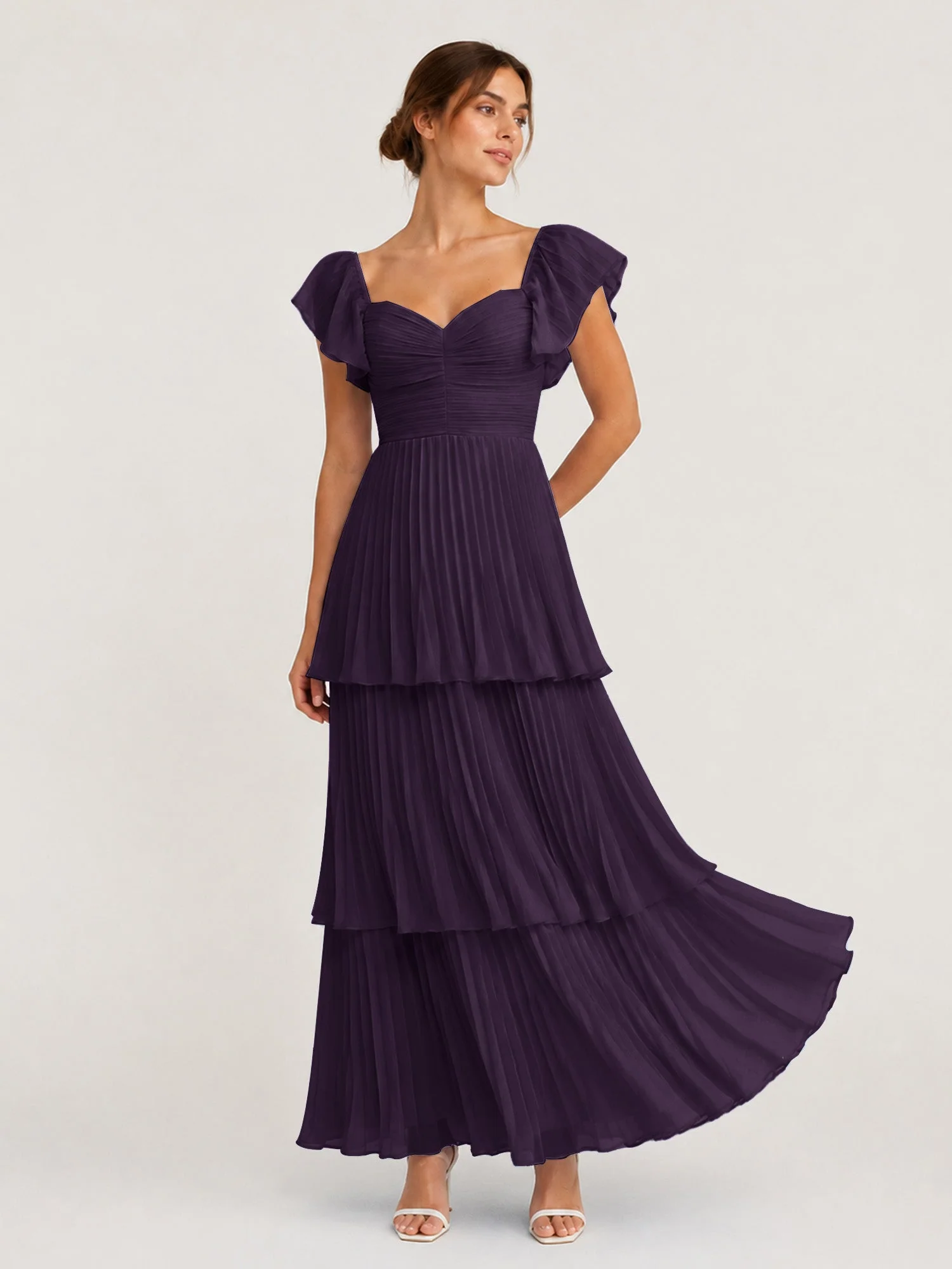 Gestuftes Plissiertes Chiffon Maxikleid mit Flatterärmeln Plum