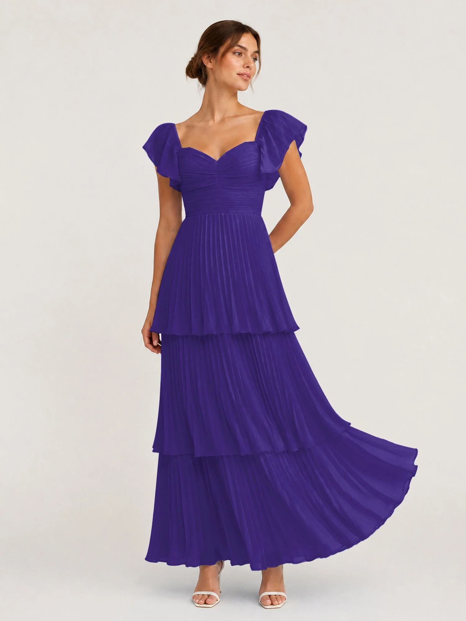 Gestuftes Plissiertes Chiffon Maxikleid mit Flatterärmeln Regentschaft