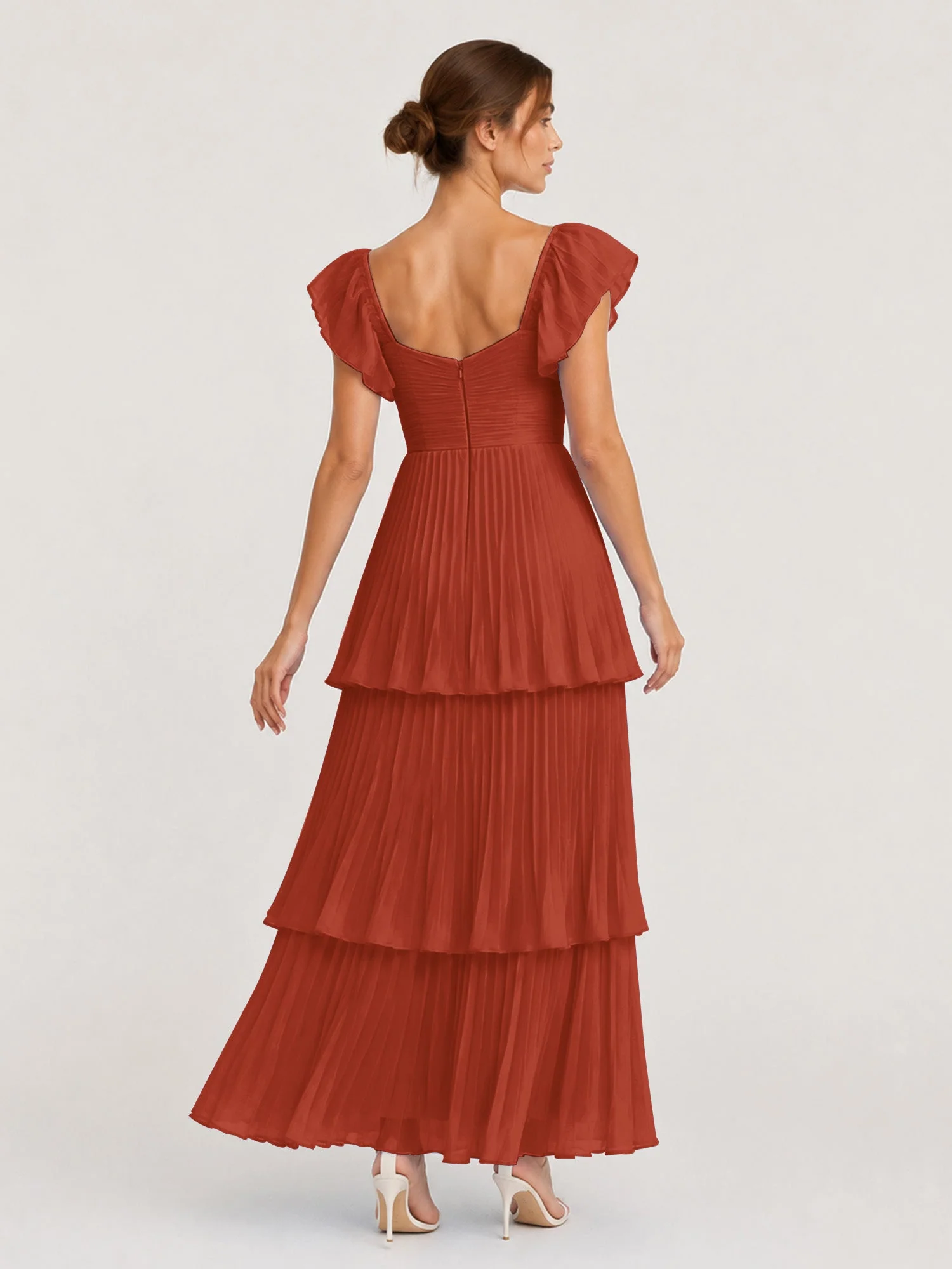 Gestuftes Plissiertes Chiffon Maxikleid mit Flatterärmeln Rost - Image 2