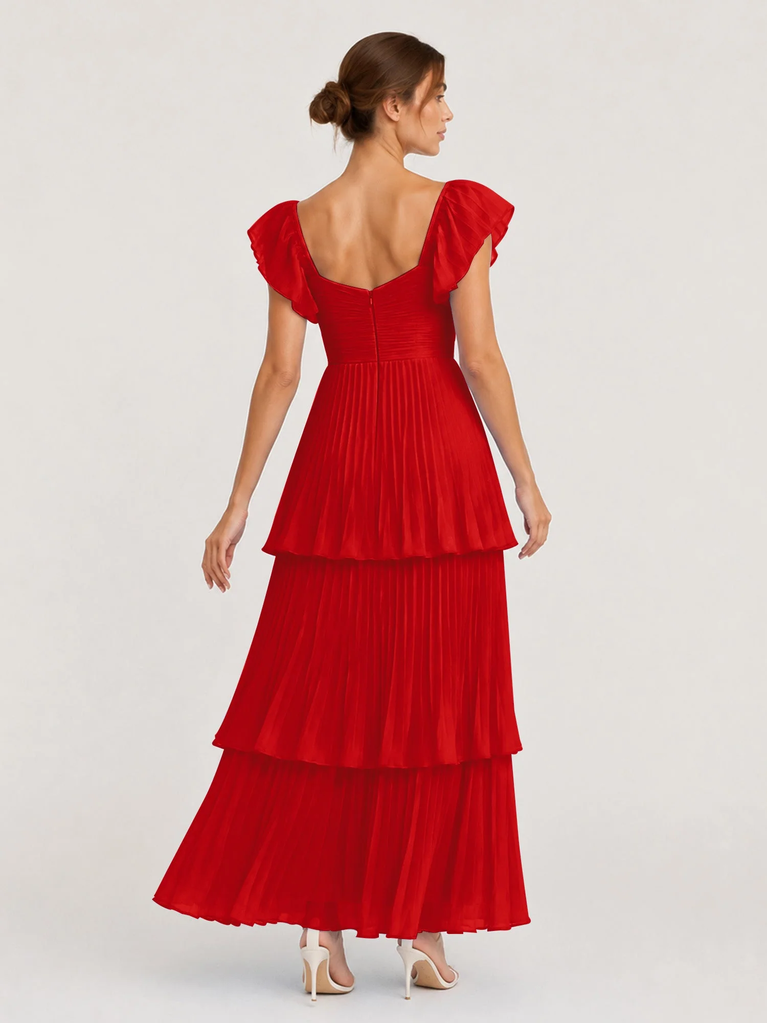 Gestuftes Plissiertes Chiffon Maxikleid mit Flatterärmeln Rot - Image 2