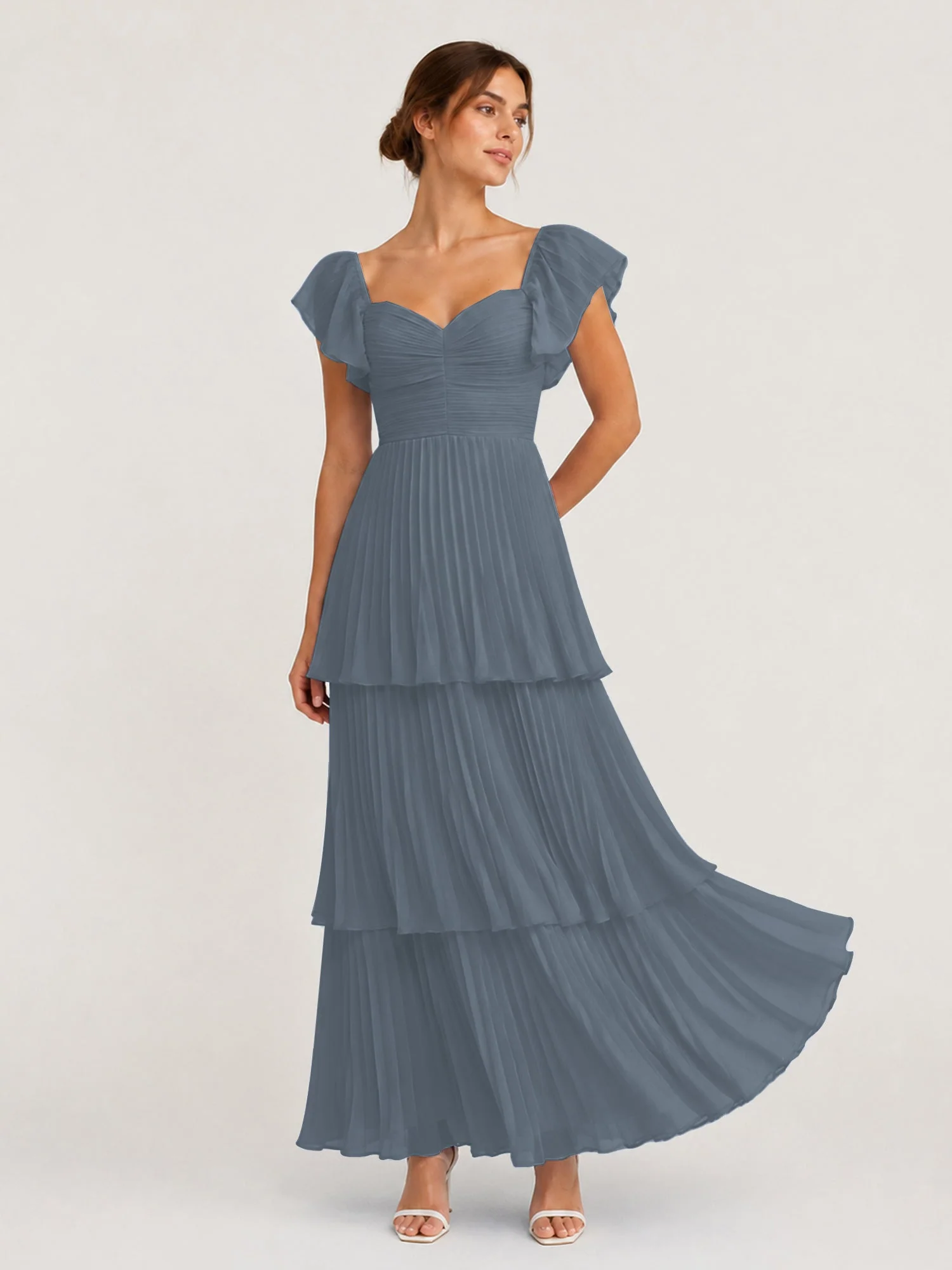 Gestuftes Plissiertes Chiffon Maxikleid mit Flatterärmeln Schiefer Blau