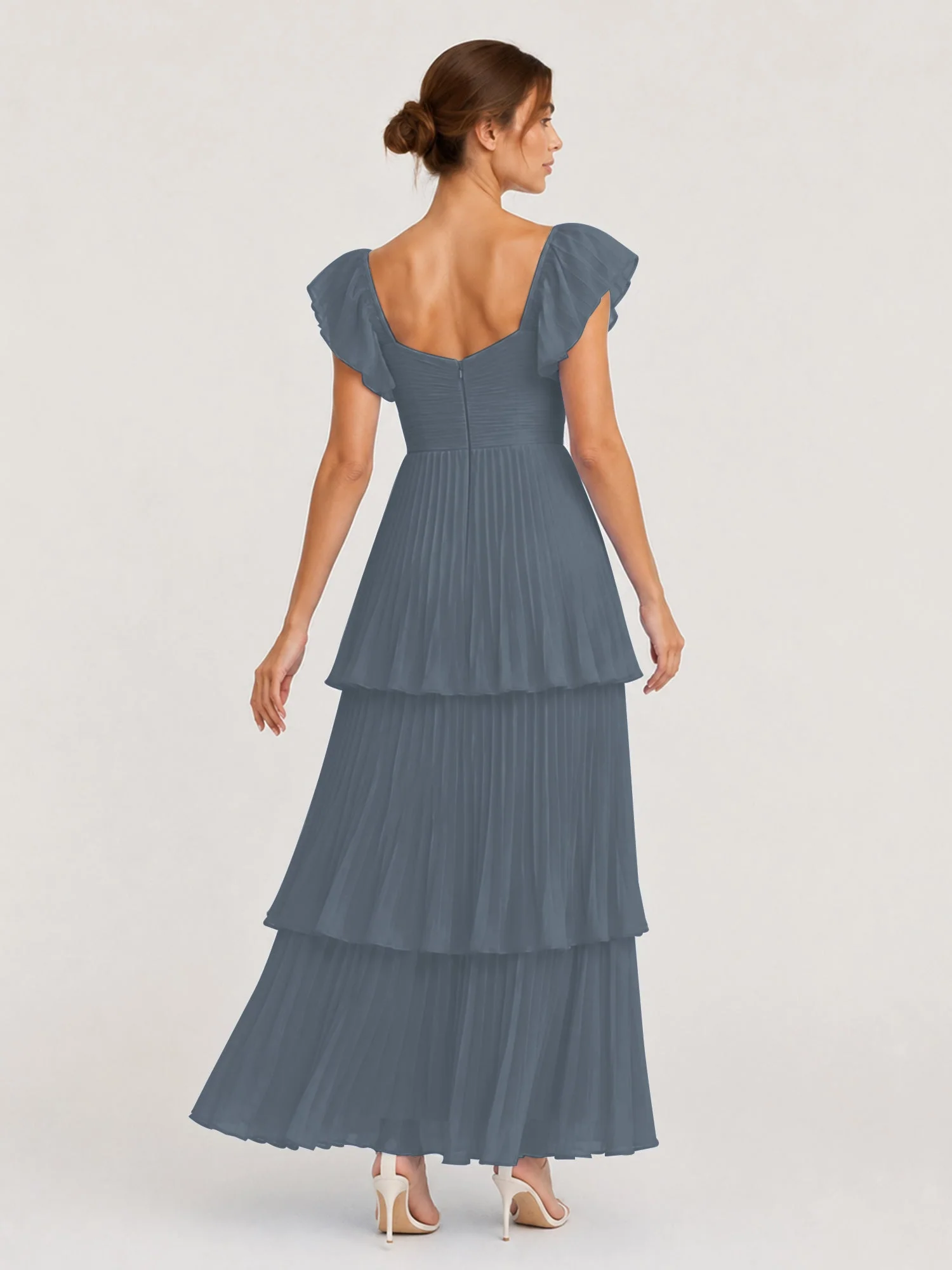 Gestuftes Plissiertes Chiffon Maxikleid mit Flatterärmeln Schiefer Blau - Image 2