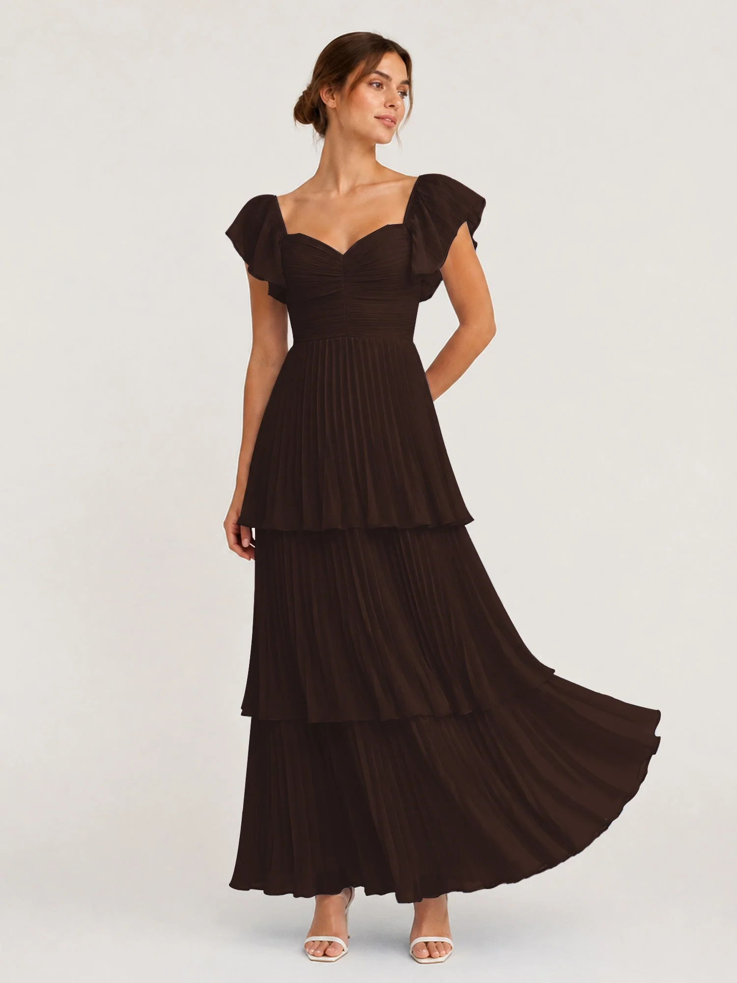 Gestuftes Plissiertes Chiffon Maxikleid mit Flatterärmeln Schokolade