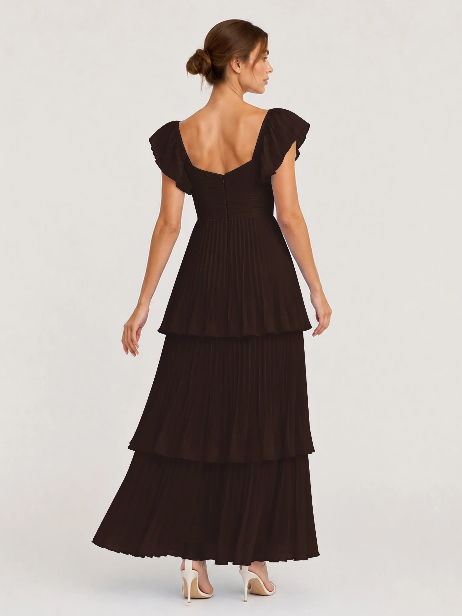 Gestuftes Plissiertes Chiffon Maxikleid mit Flatterärmeln Schokolade - Image 2