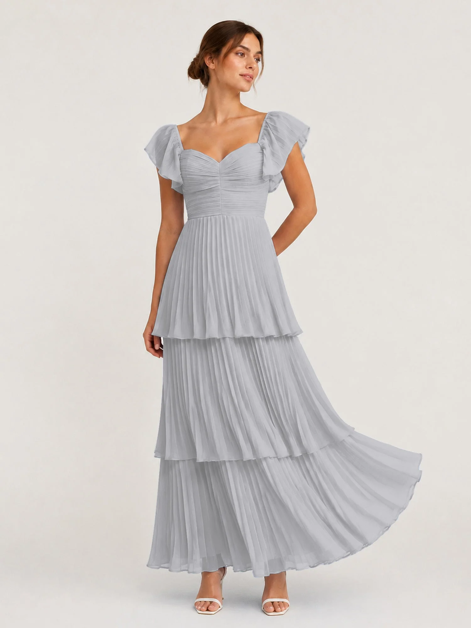 Gestuftes Plissiertes Chiffon Maxikleid mit Flatterärmeln Silber