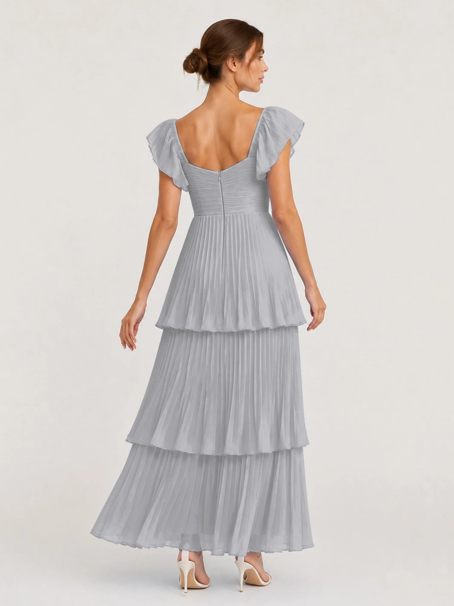 Gestuftes Plissiertes Chiffon Maxikleid mit Flatterärmeln Silber - Image 2