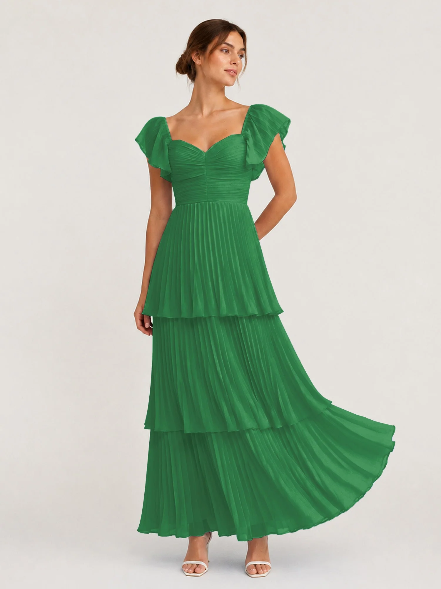 Gestuftes Plissiertes Chiffon Maxikleid mit Flatterärmeln Smaragd