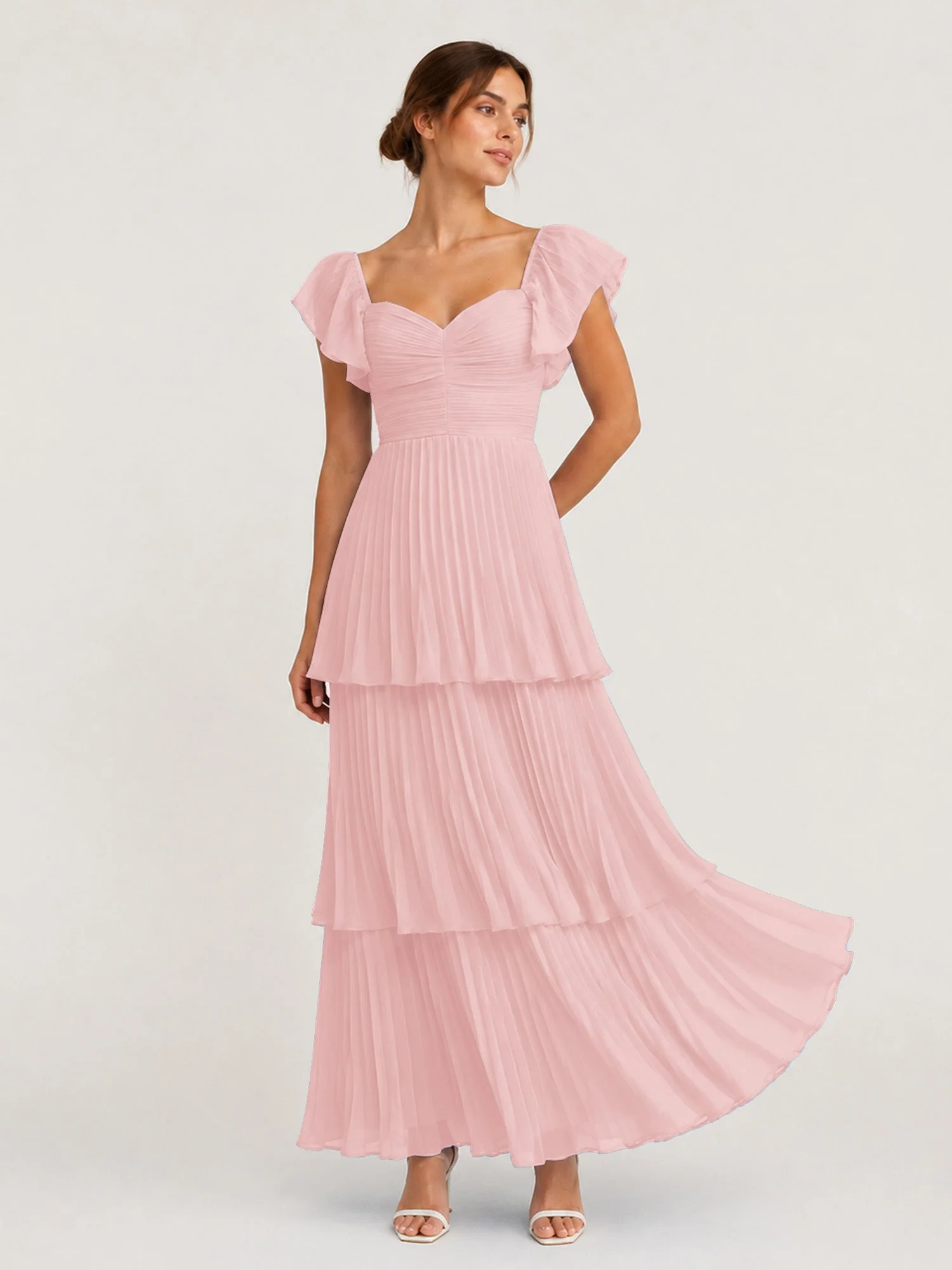 Gestuftes Plissiertes Chiffon Maxikleid mit Flatterärmeln Staubige Rosa