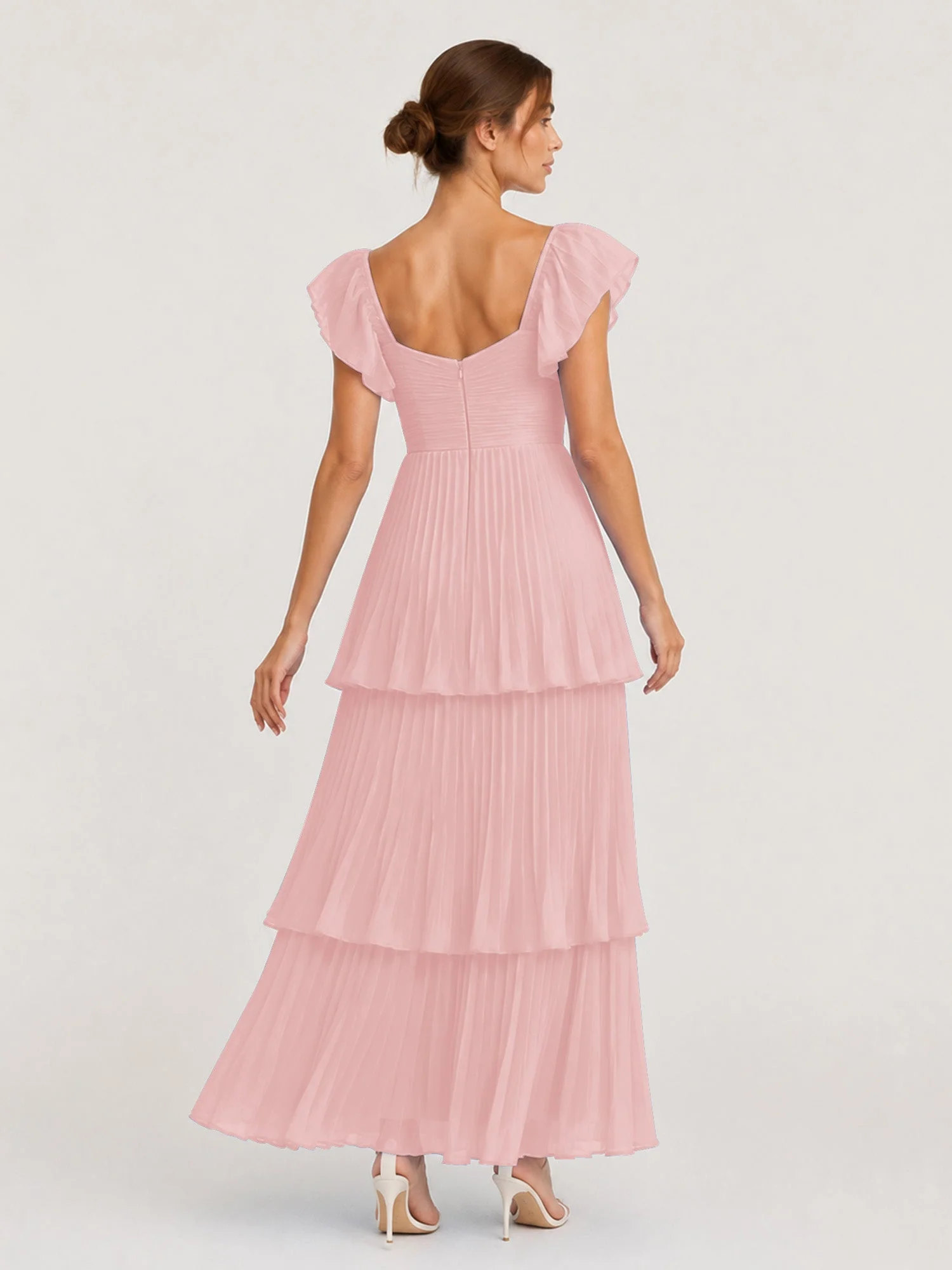 Gestuftes Plissiertes Chiffon Maxikleid mit Flatterärmeln Staubige Rosa - Image 2