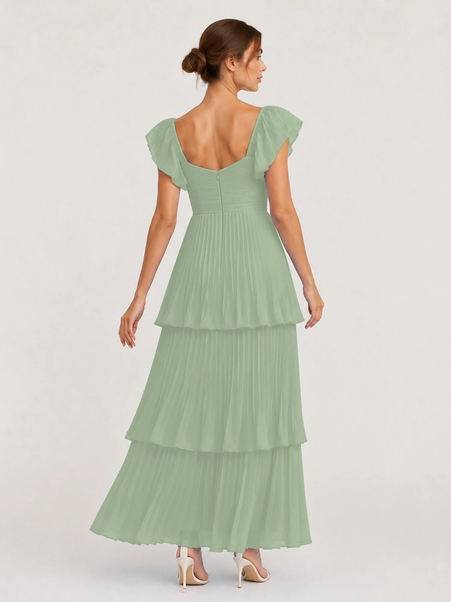 Gestuftes Plissiertes Chiffon Maxikleid mit Flatterärmeln Staubiges Salbei - Image 2