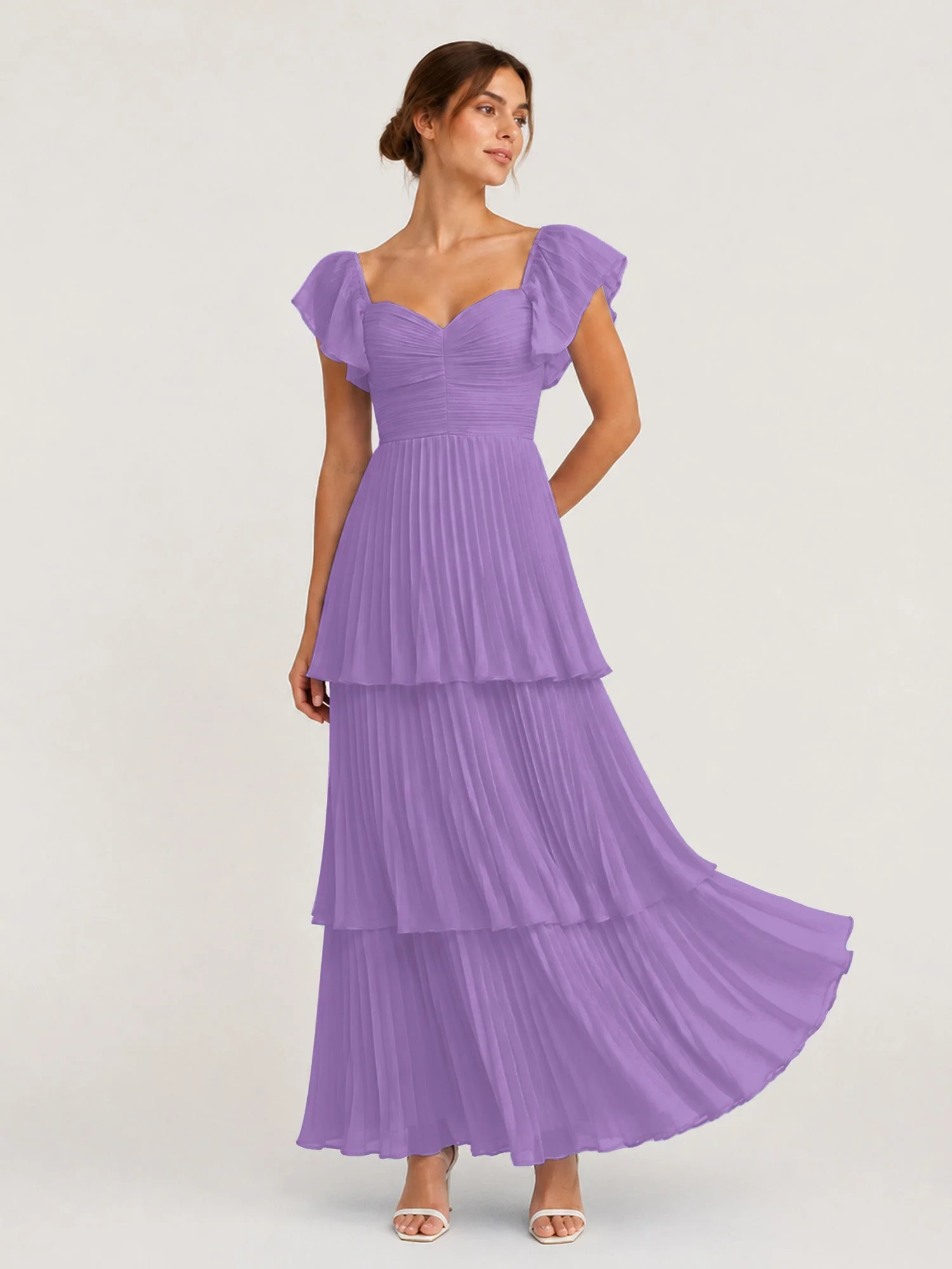 Gestuftes Plissiertes Chiffon Maxikleid mit Flatterärmeln Tahiti