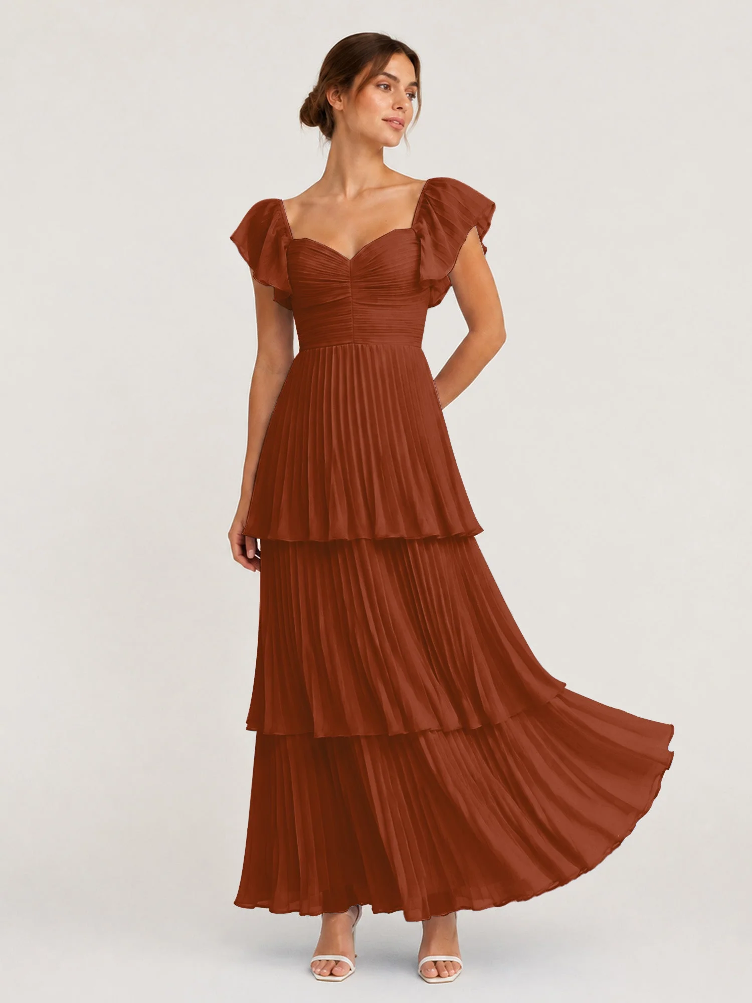 Gestuftes Plissiertes Chiffon Maxikleid mit Flatterärmeln Terrakotta