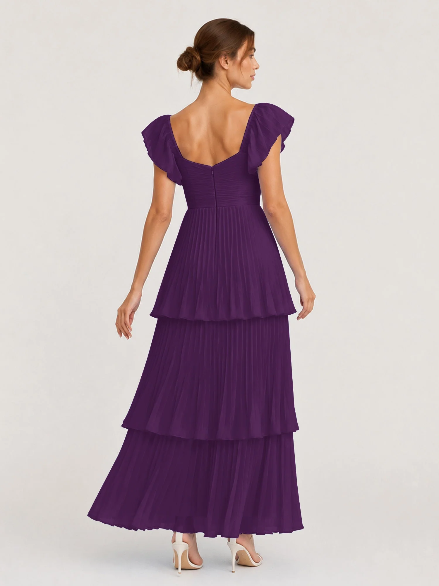 Gestuftes Plissiertes Chiffon Maxikleid mit Flatterärmeln Traube - Image 2