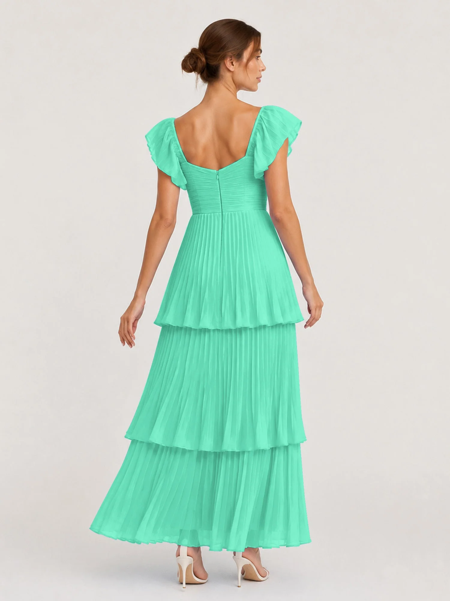 Gestuftes Plissiertes Chiffon Maxikleid mit Flatterärmeln Türkis - Image 2