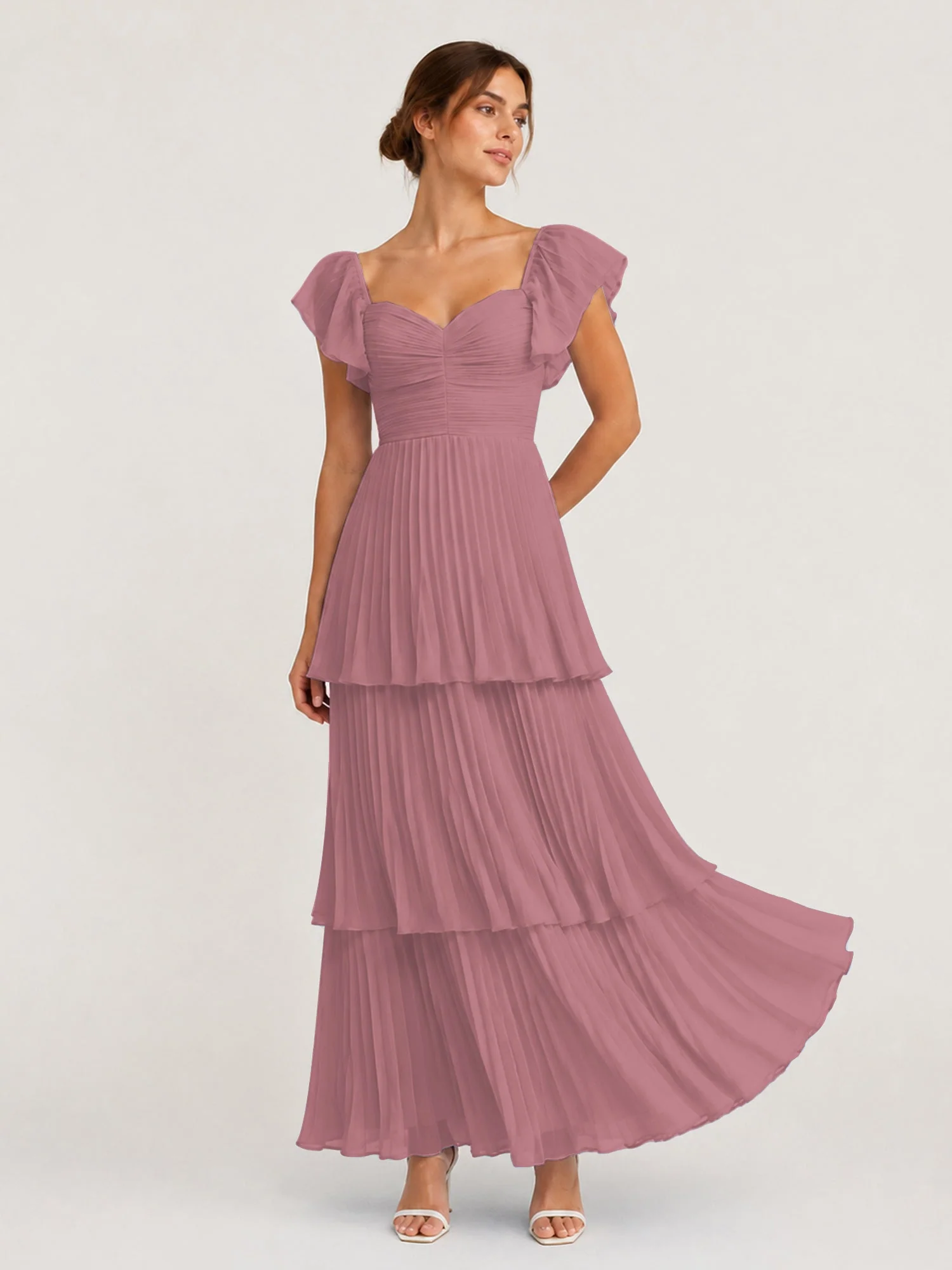 Gestuftes Plissiertes Chiffon Maxikleid mit Flatterärmeln Vintage Mauve