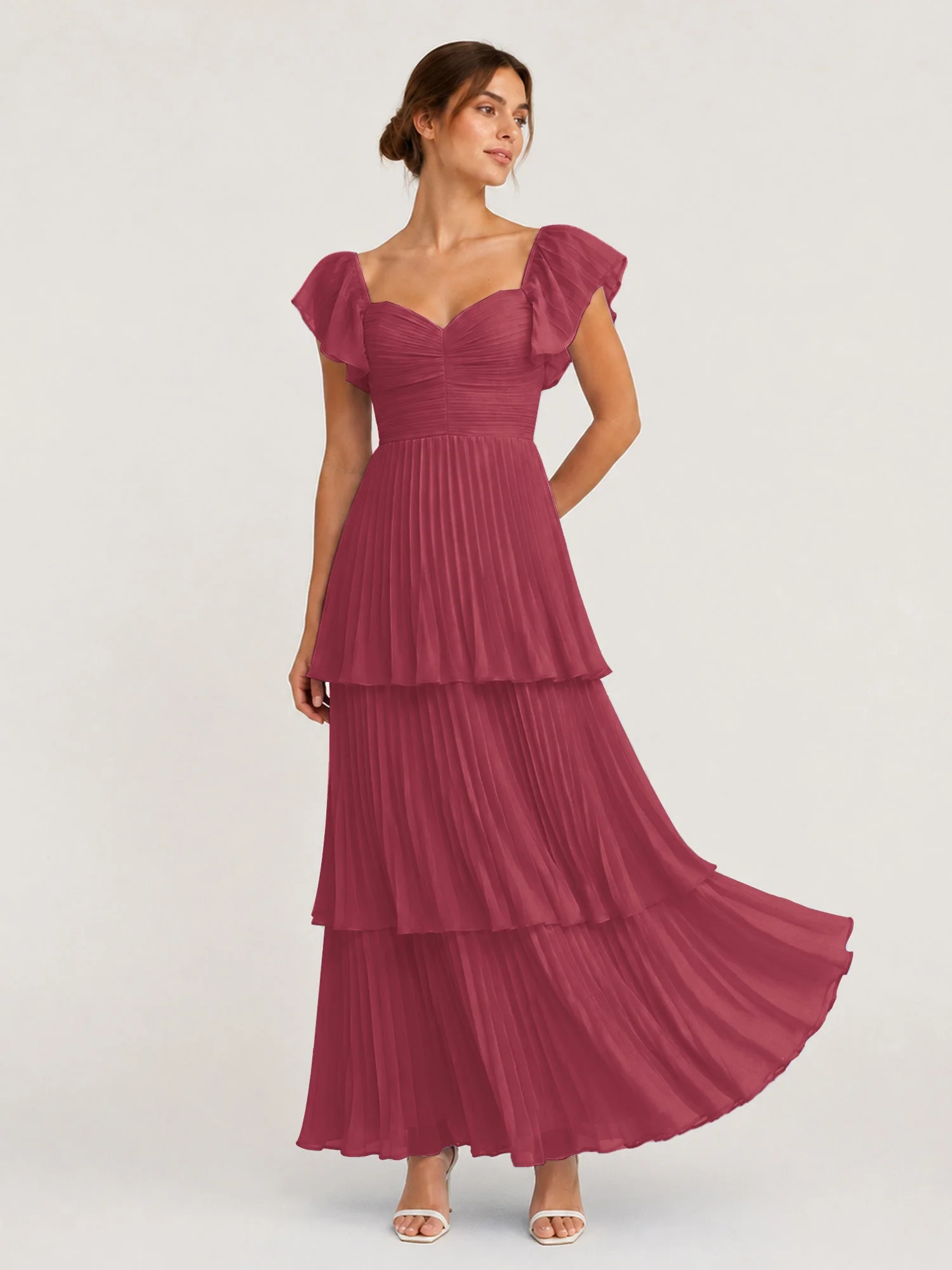 Gestuftes Plissiertes Chiffon Maxikleid mit Flatterärmeln Zimtrose