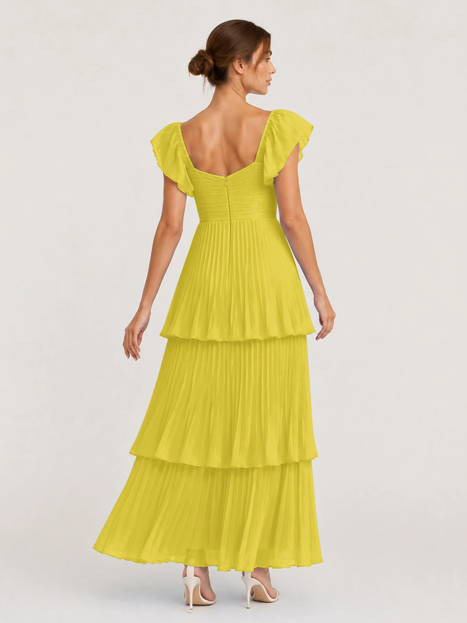 Gestuftes Plissiertes Chiffon Maxikleid mit Flatterärmeln Zitrone - Image 2