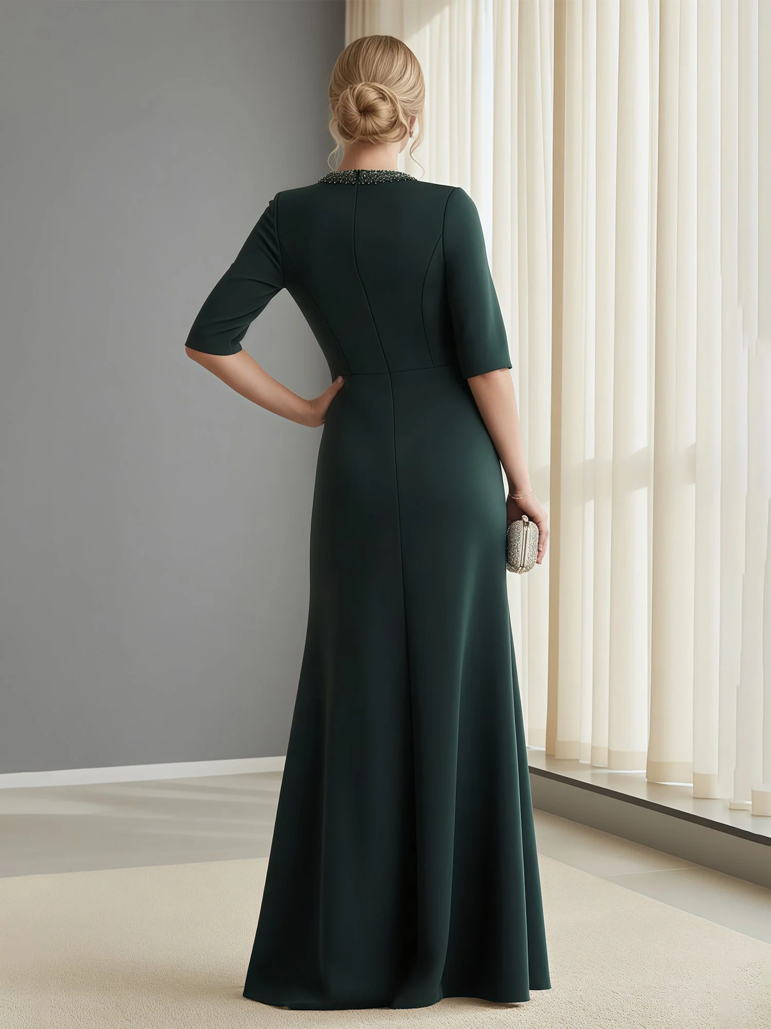 V-Ausschnitt Perlen Formell Kleid mit 3/4-Ärmeln Dunkelgrün - Image 2
