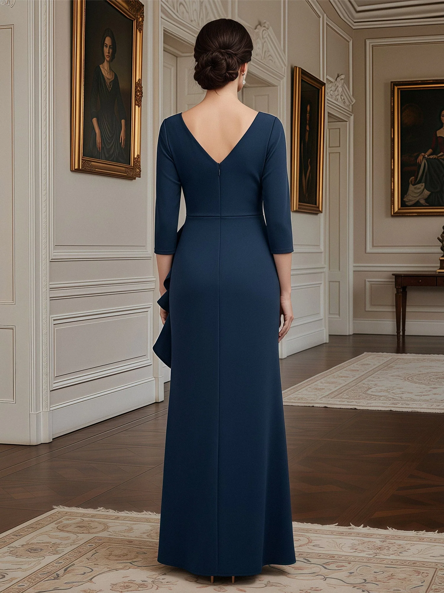 3/4 Ärmel Säule Kleid mit drapiertem V-Ausschnitt Schwarz - Image 2