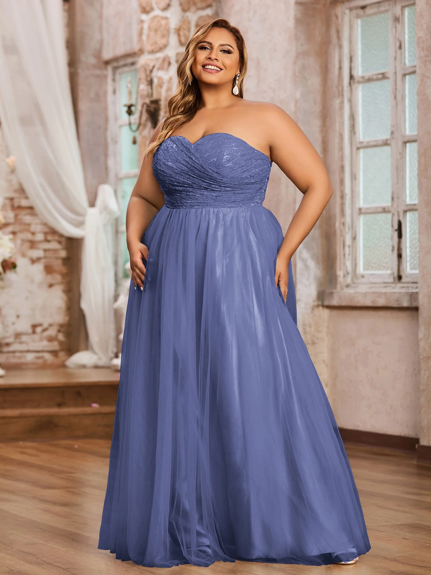Spitze und Tüll Lang Kleid mit Herz-Ausschnitt Periwinkleblau - Image 3