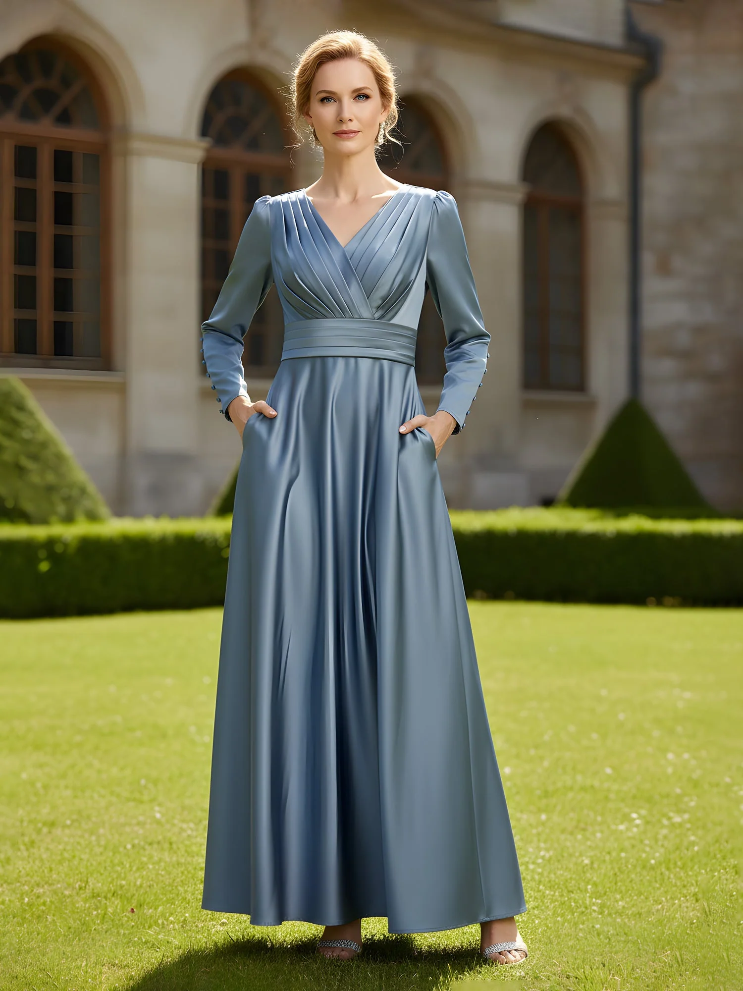 Elegant V-Ausschnitt Plissee Satin A-Linie Kleid mit Taschen Lila