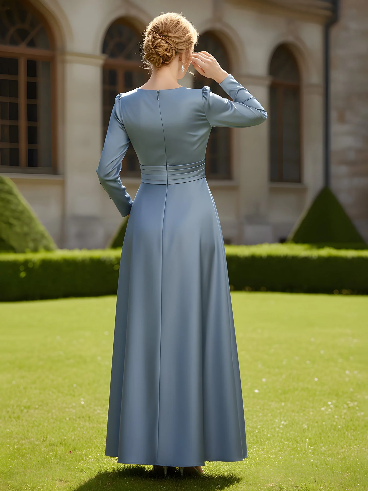 Elegant V-Ausschnitt Plissee Satin A-Linie Kleid mit Taschen Zartrosa - Image 2