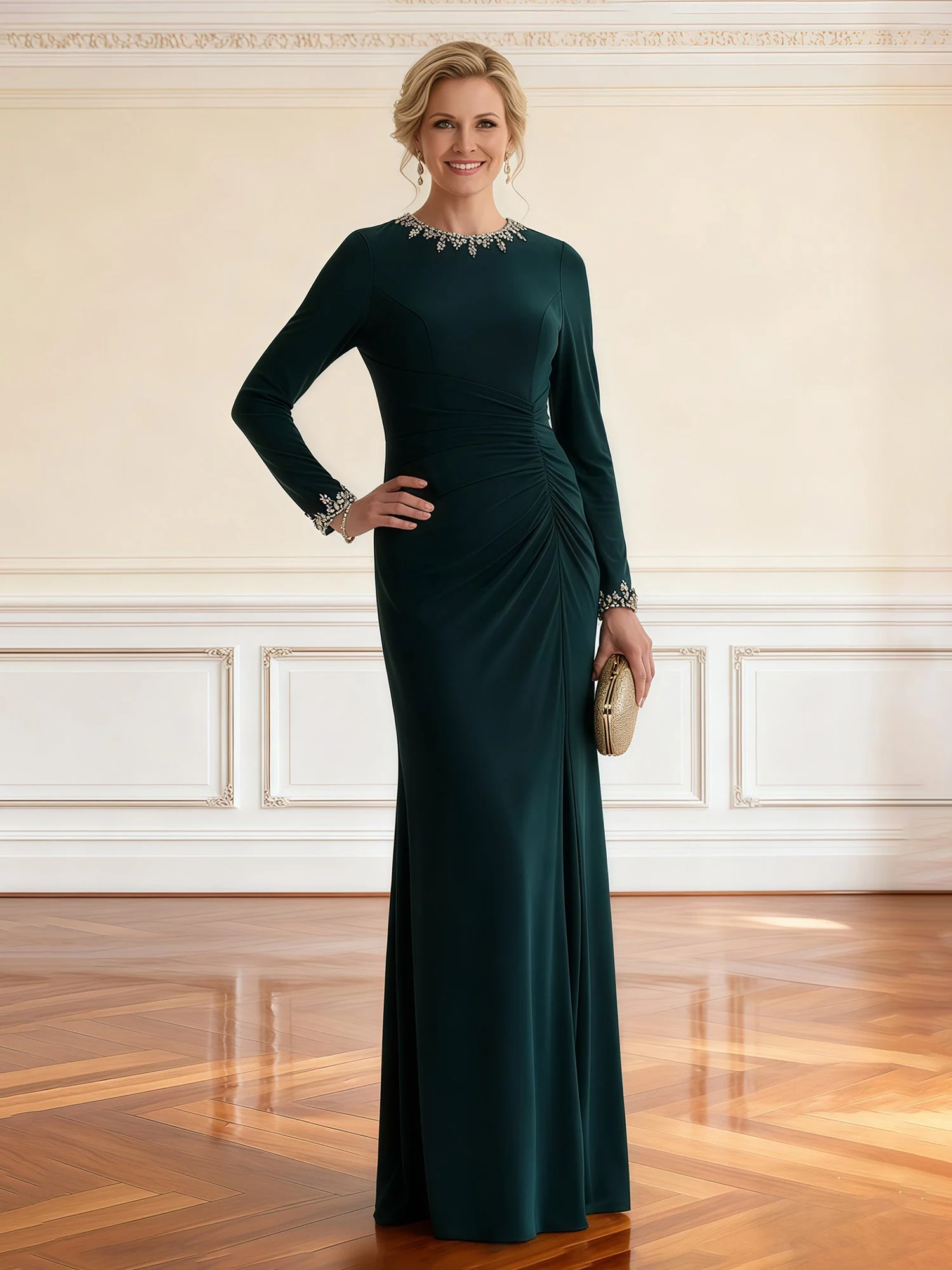 Langarm Eingebaut Abendkleid mit Perlen Manschetten Dunkelgrün