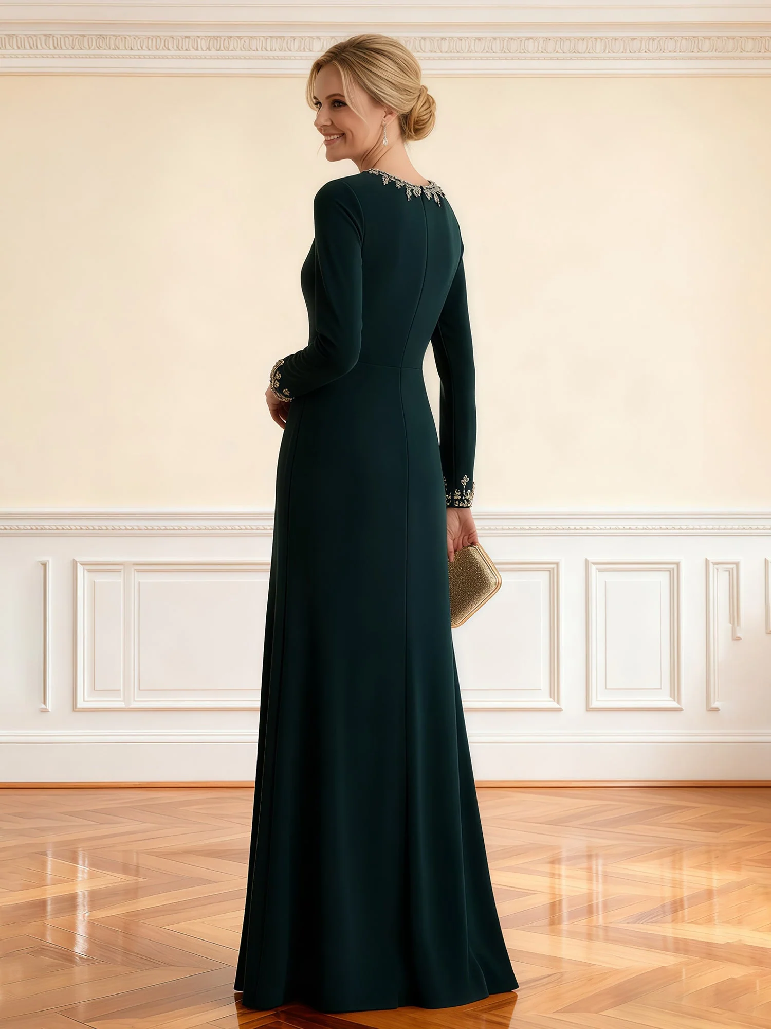 Langarm Eingebaut Abendkleid mit Perlen Manschetten Dunkelgrün - Image 2