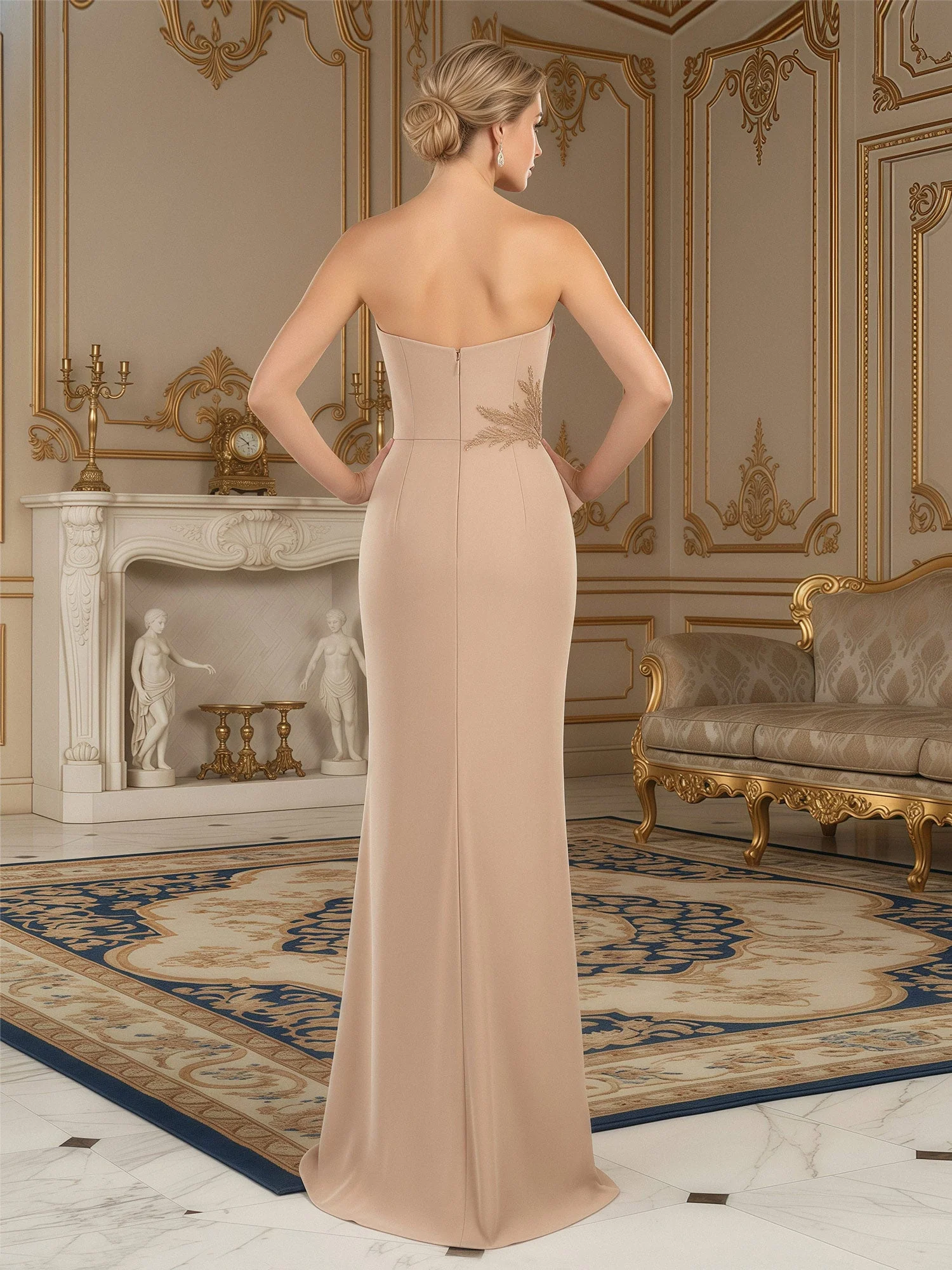 Eingebaut Abendkleid mit Perlen Taille Applique Champagner - Image 2