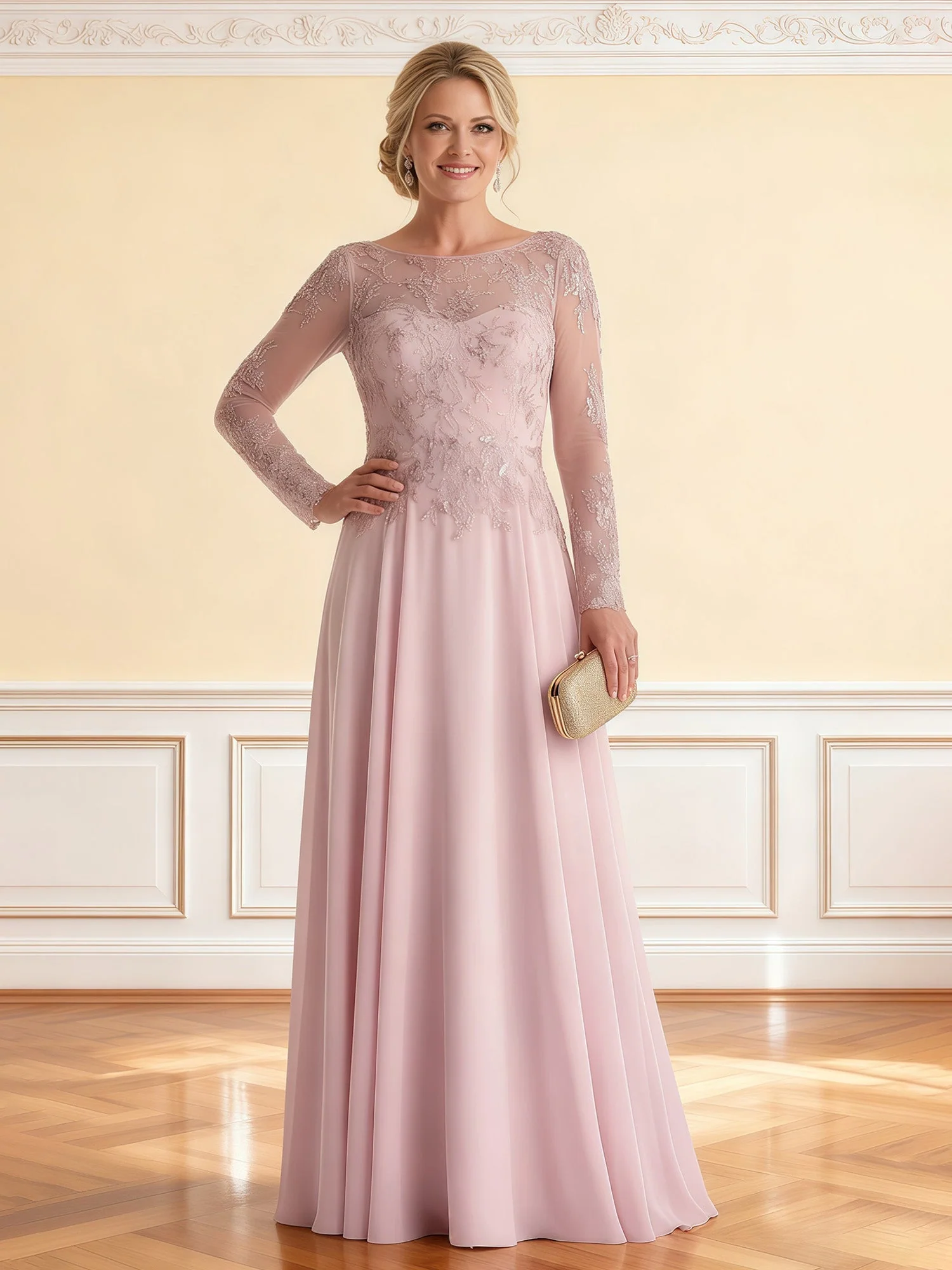 Delikat Spitze Oberteil Maxi Kleid mit breitem V-Rücken Detail Staubige Rosa