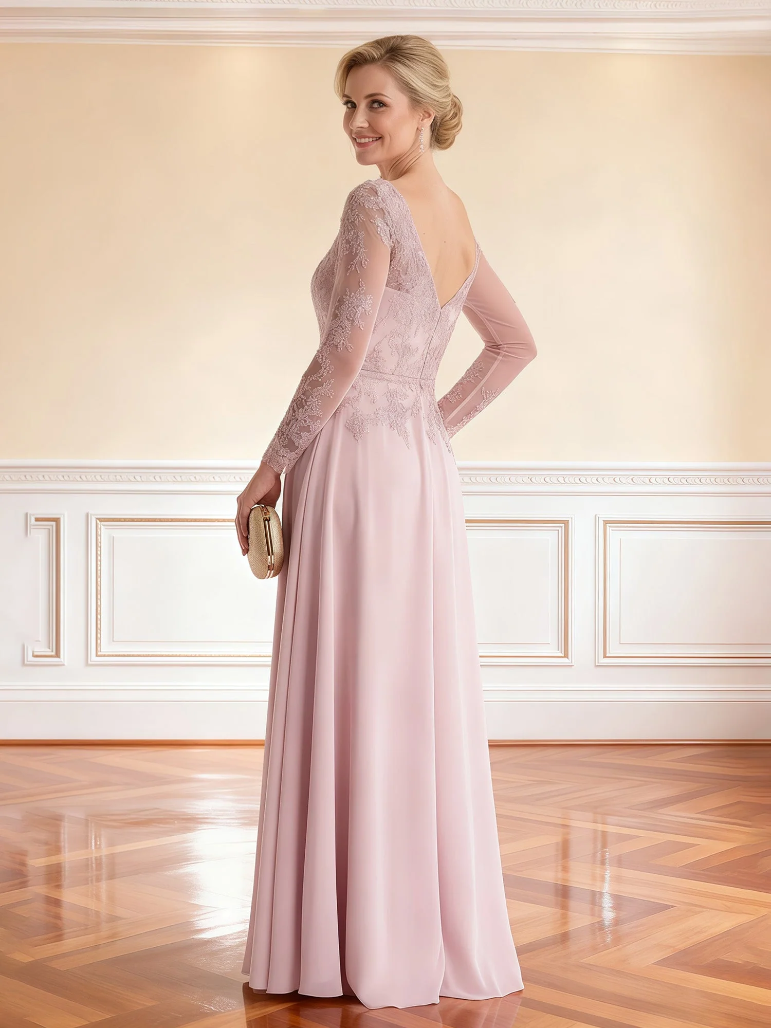 Delikat Spitze Oberteil Maxi Kleid mit breitem V-Rücken Detail Staubige Rosa - Image 2