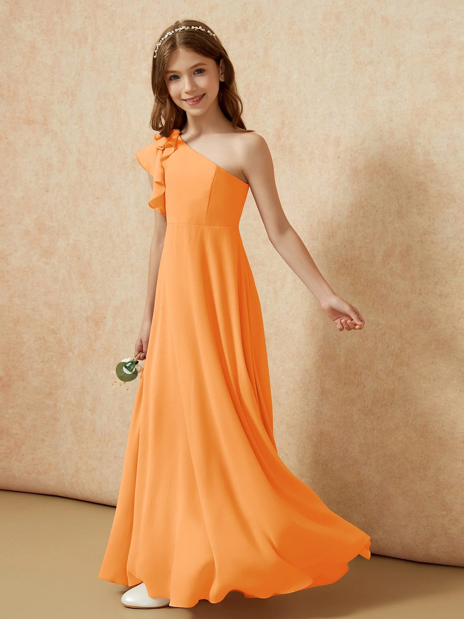 Junge Eine Schulter Flatterärmel Brautjungfernkleider Orange - Image 3