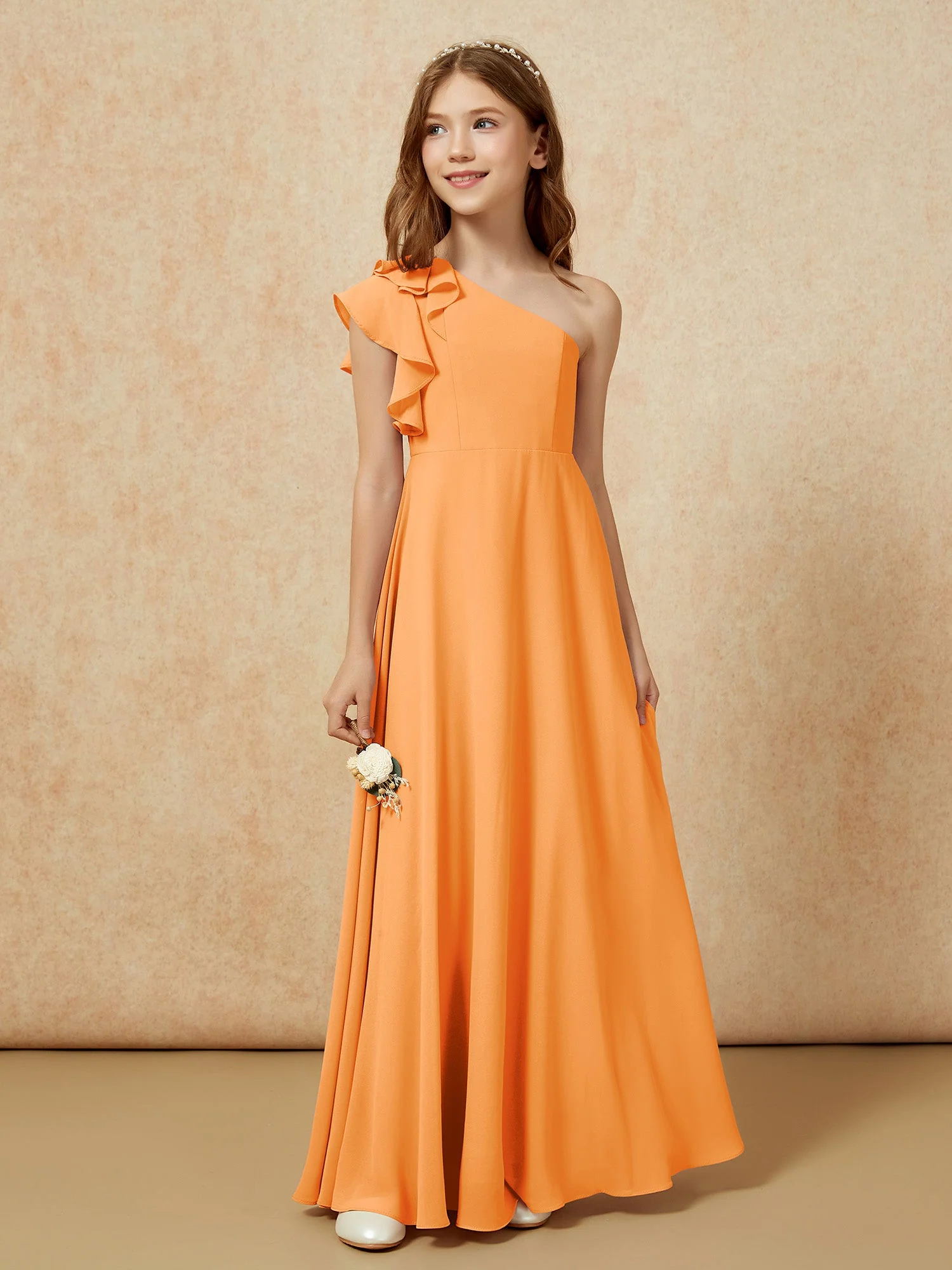 Junge Eine Schulter Flatterärmel Brautjungfernkleider Orange - Image 5