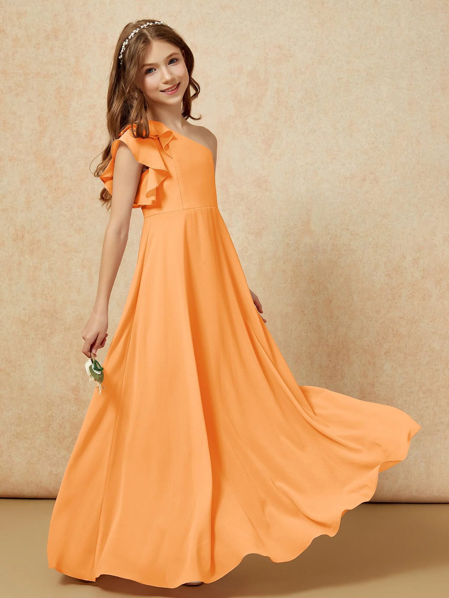 Junge Eine Schulter Flatterärmel Brautjungfernkleider Orange - Image 6