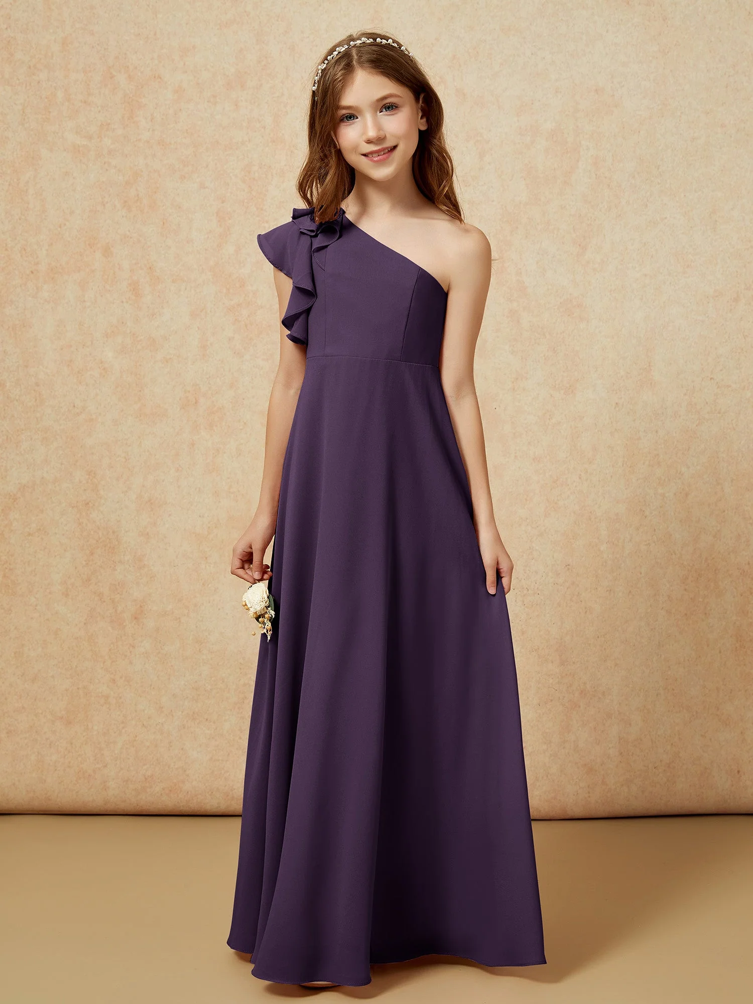 Junge Eine Schulter Flatterärmel Brautjungfernkleider Plum - Image 4