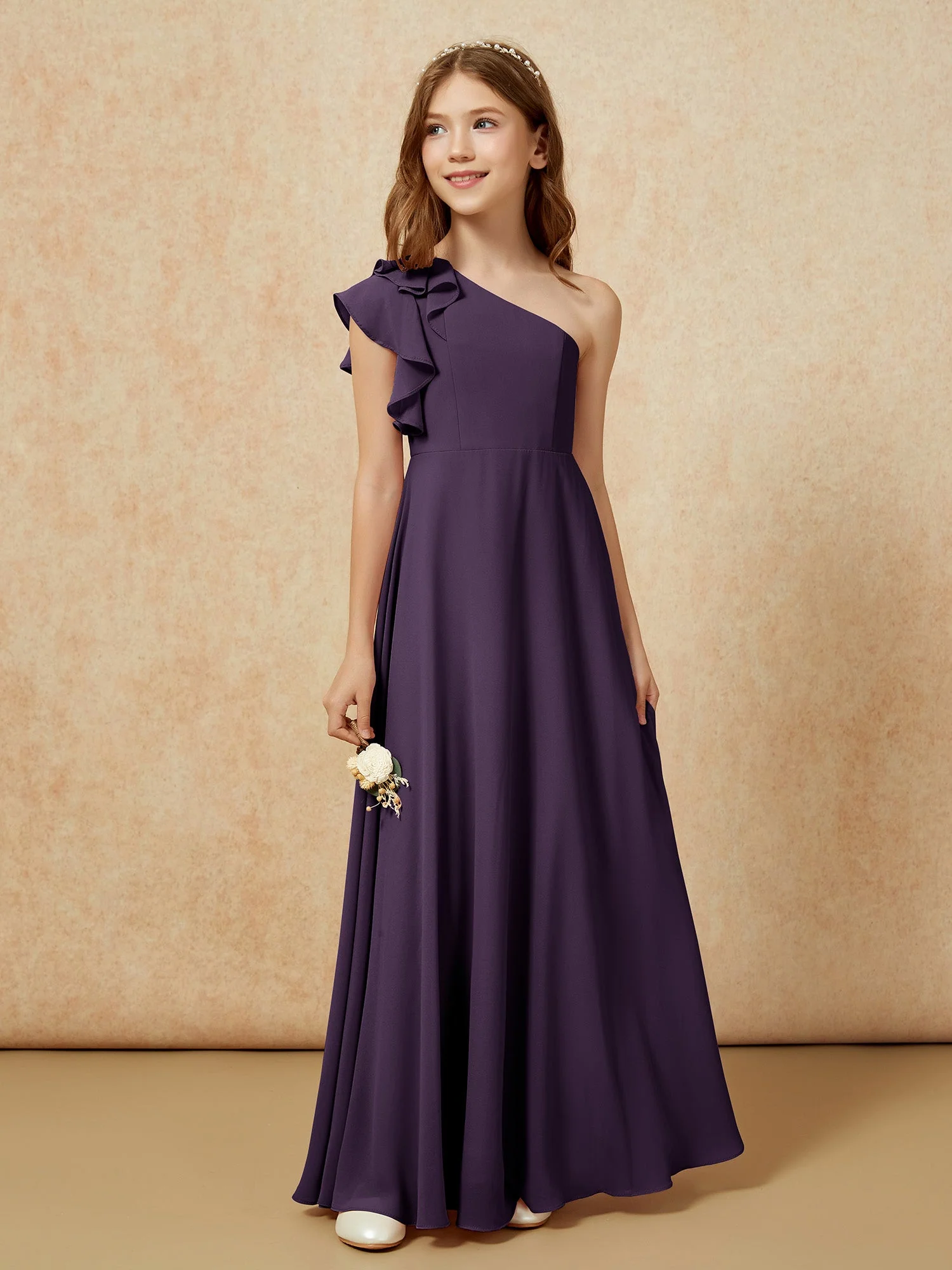 Junge Eine Schulter Flatterärmel Brautjungfernkleider Plum - Image 5