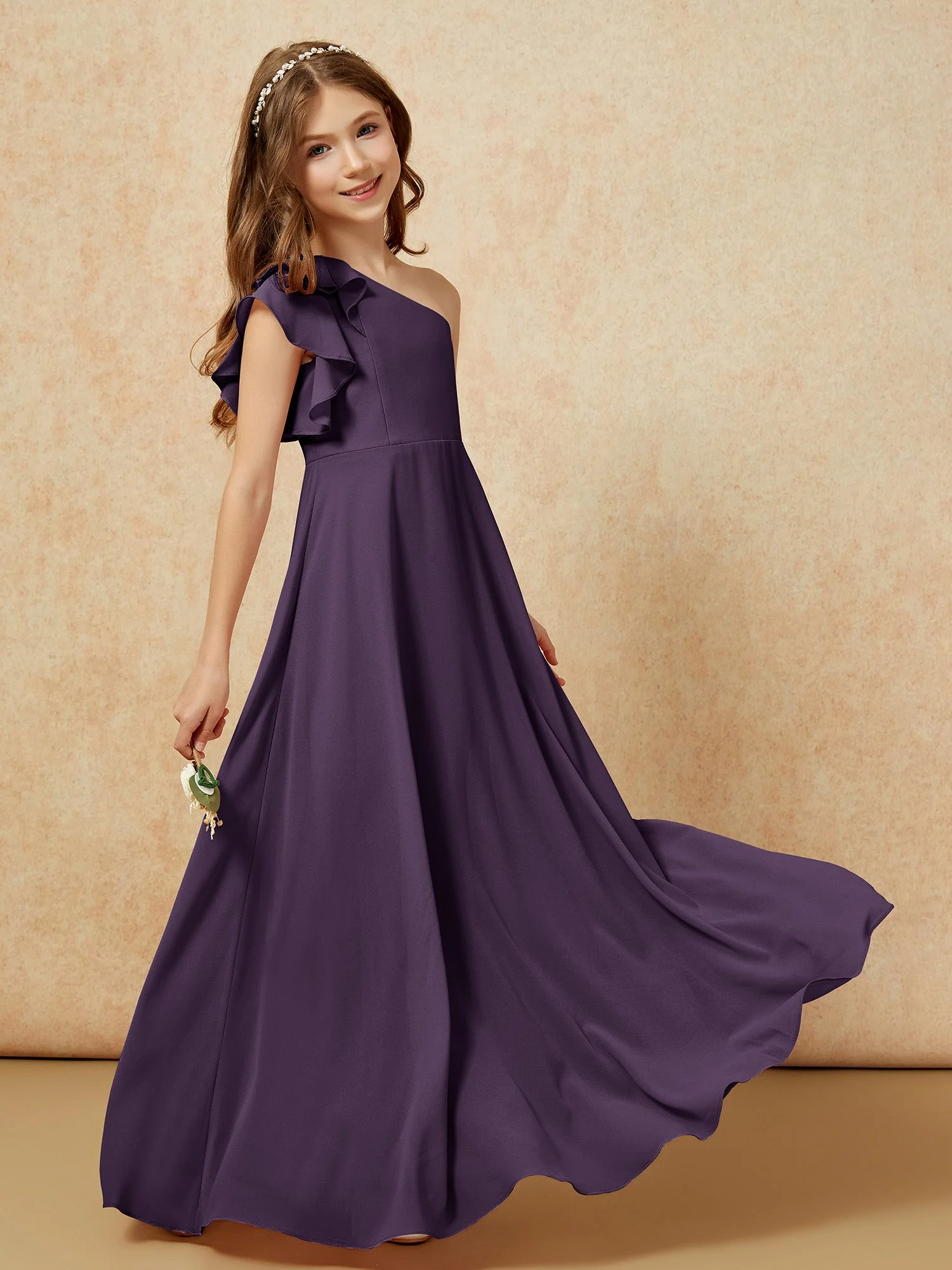 Junge Eine Schulter Flatterärmel Brautjungfernkleider Plum - Image 6