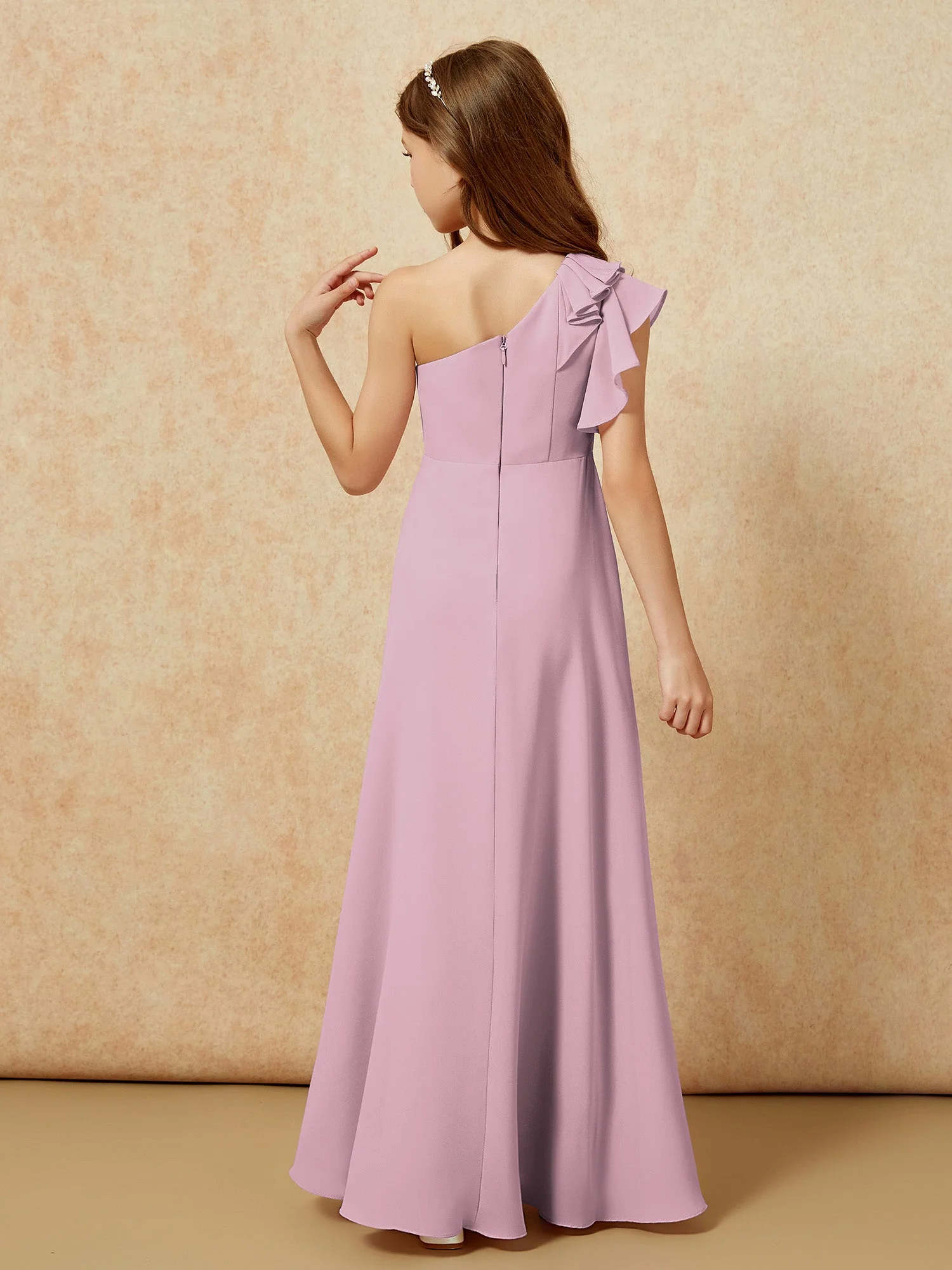 Junge Eine Schulter Flatterärmel Brautjungfernkleider Vintage Mauve - Image 2