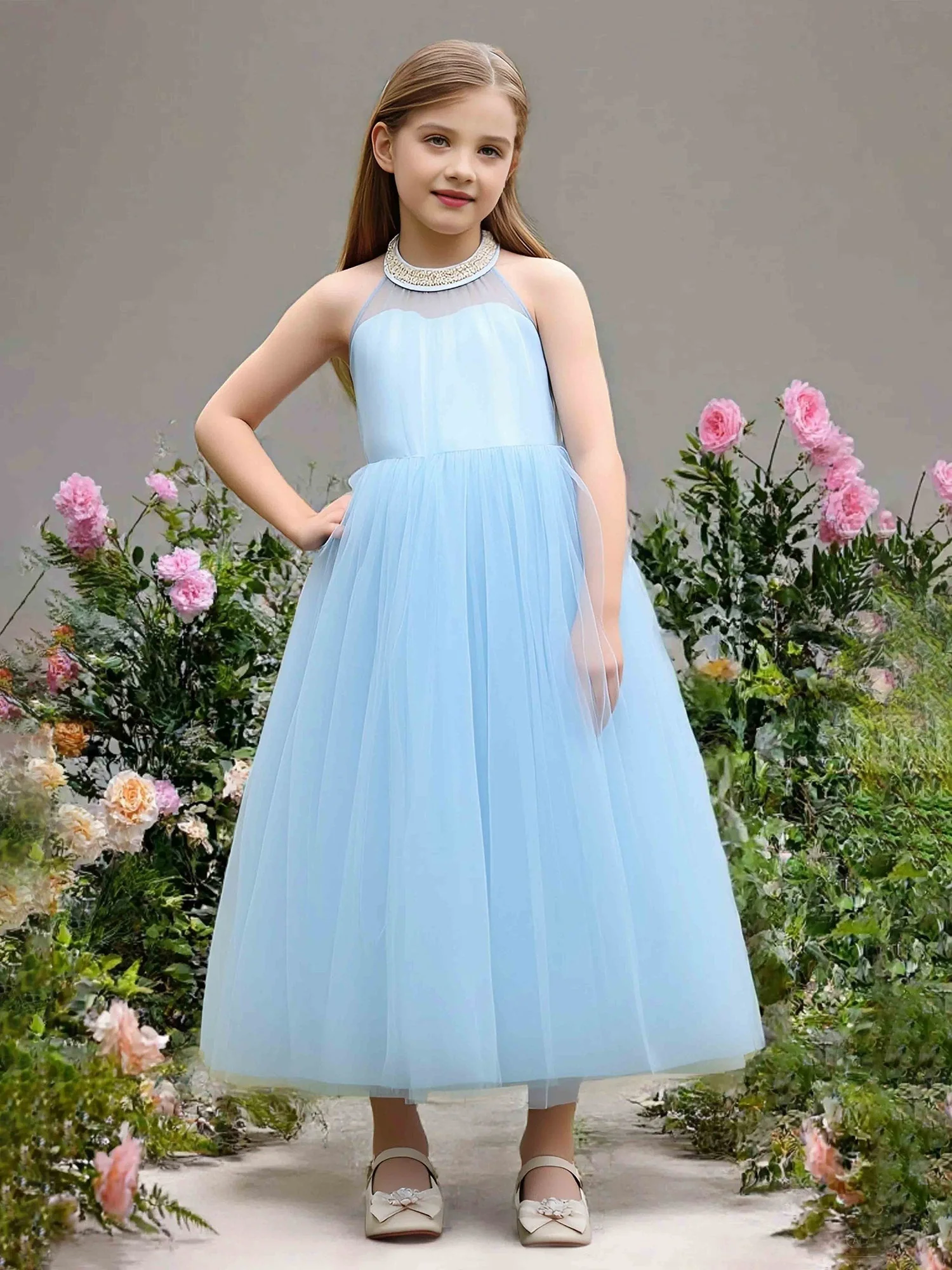 Perlen Trim Halshalter Wadenlang Blumenmädchen Kleid Himmelblau