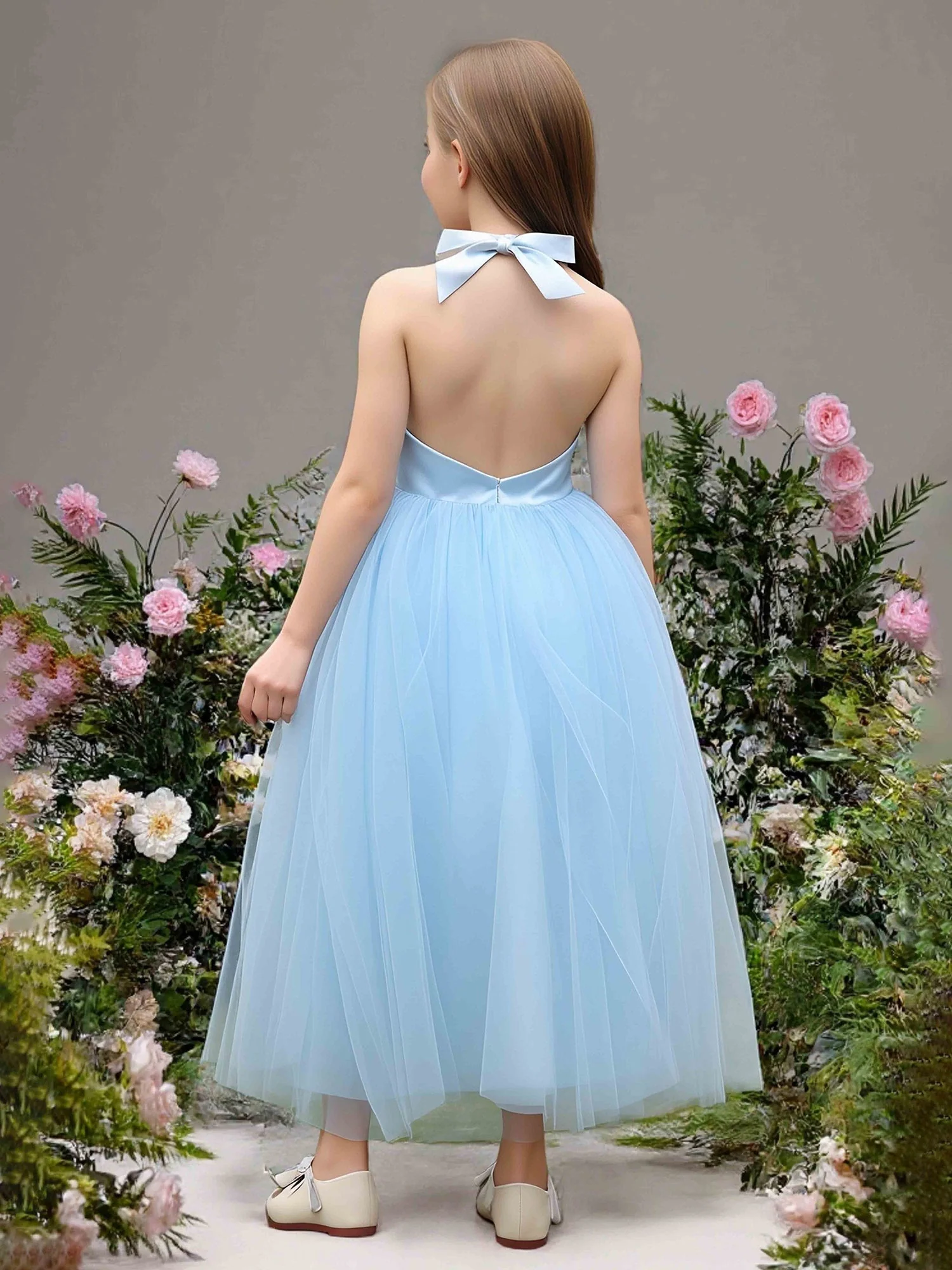 Perlen Trim Halshalter Wadenlang Blumenmädchen Kleid Himmelblau - Image 2