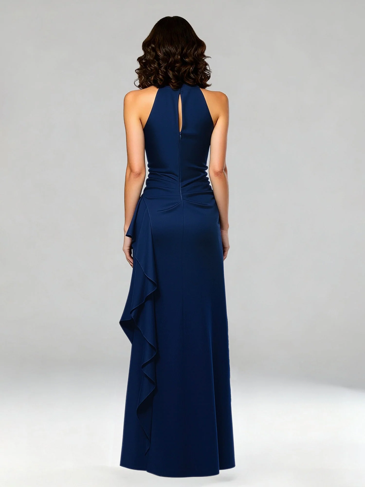 Halshalter Ausschnitt Maxi Kleid mit Wasserfall Rüschen Detail Pfau - Image 2