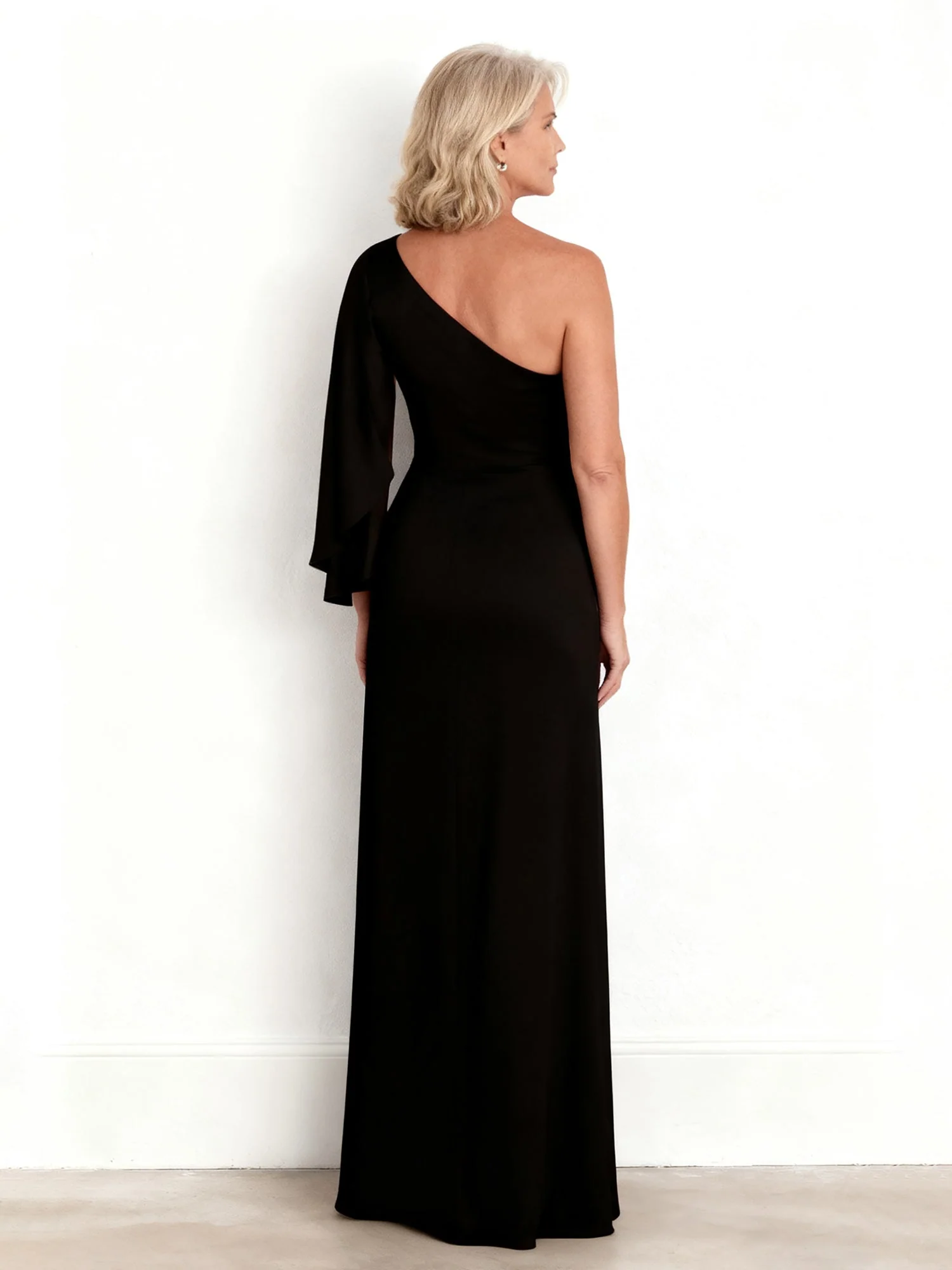 Elegant Asymmetrisch Volllang Kleid mit flüssiger Drapierung Schwarz - Image 2