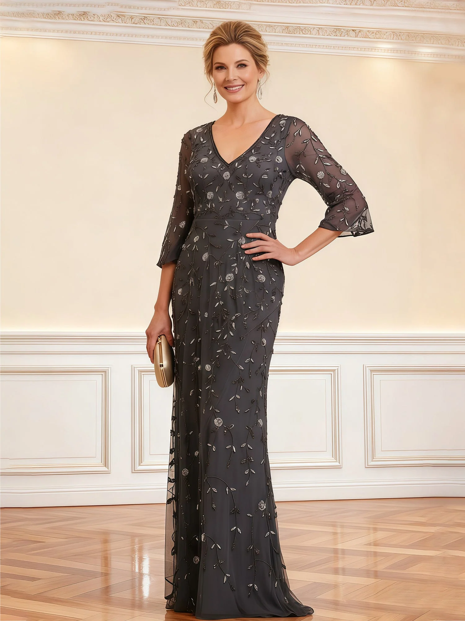 Schick Gerüscht Ausschnitt Kleid Elegant Abendkleid Stahlgrau
