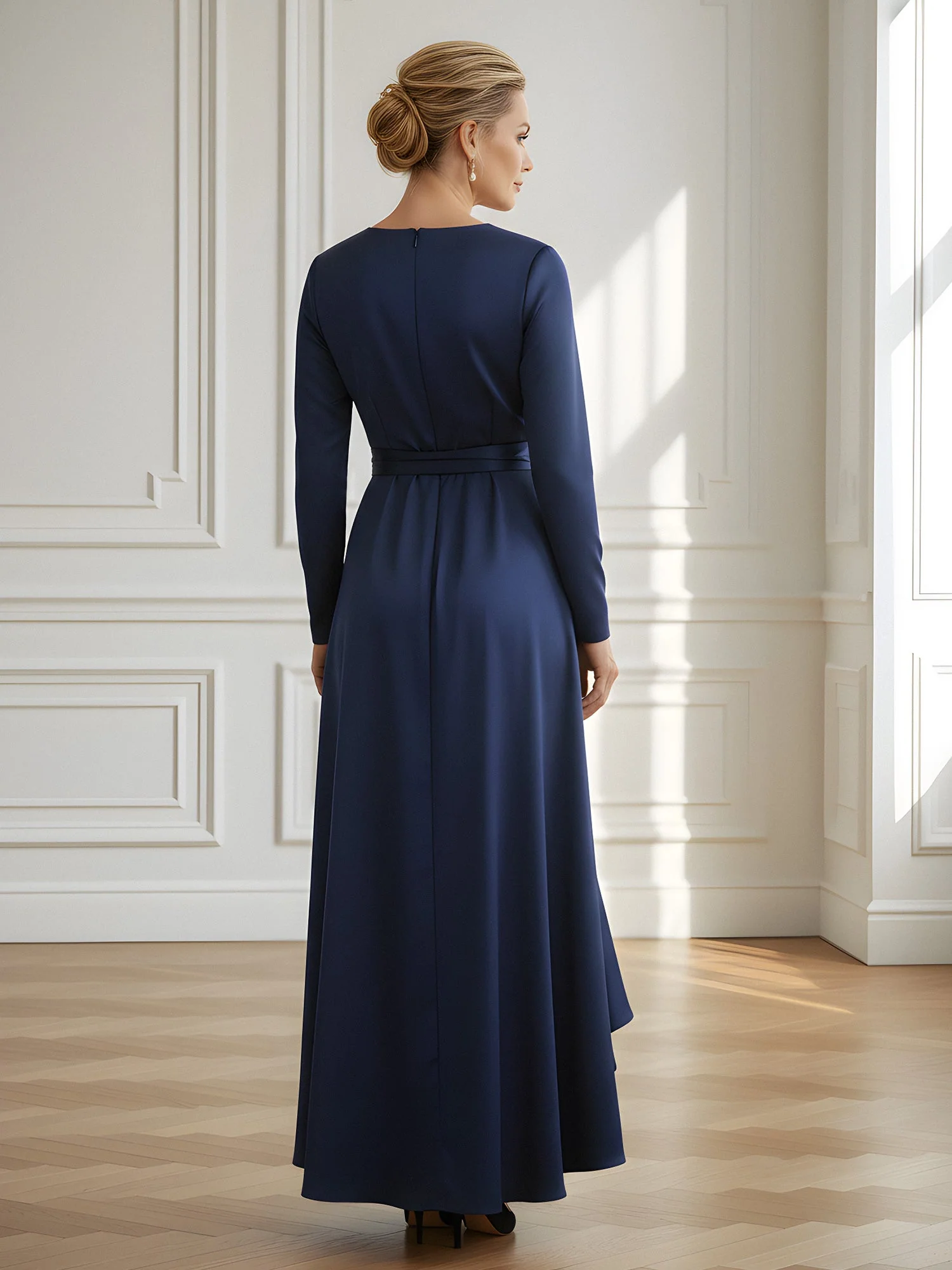 High Low Abendkleid mit Rüschensaum langen Ärmeln und Bindegürtel Königsblau - Image 2